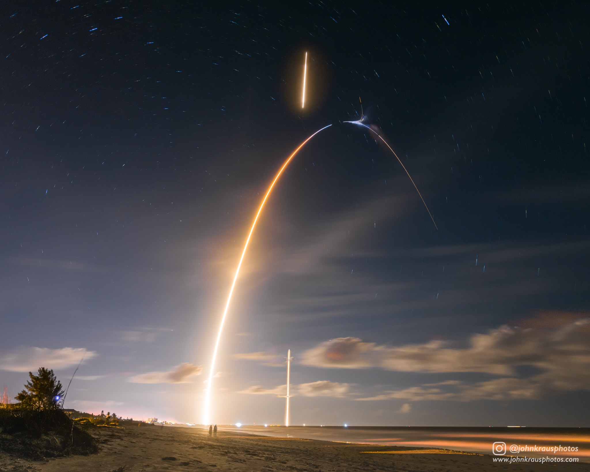 A composite of three consecutive exposures, this night skyscape follows the January 7 launch and first stage landing of a Falcon 9 rocket from a beach on planet Earth's space coast. With the launch from Cape Canaveral Air Force Station, the bright streak beginning farthest left traces the initial phase of the rocket's flight. A visible upward hook marks the first stage beginning its return trajectory with a "boostback burn" near the top of the arc, while the second stage separates and continues toward orbit. Above the top of the launch arc due to perspective, a bright streak shows the returning first stage slowing and descending toward the Cape. Centered below, the streak at the horizon is a 17 second burn finally slowing the first stage to a successful vertical landing about 8 minutes after launch at Landing Zone 1. During the scene's effective long exposure time, the background stars leave short trails in the night sky of the rotating planet.