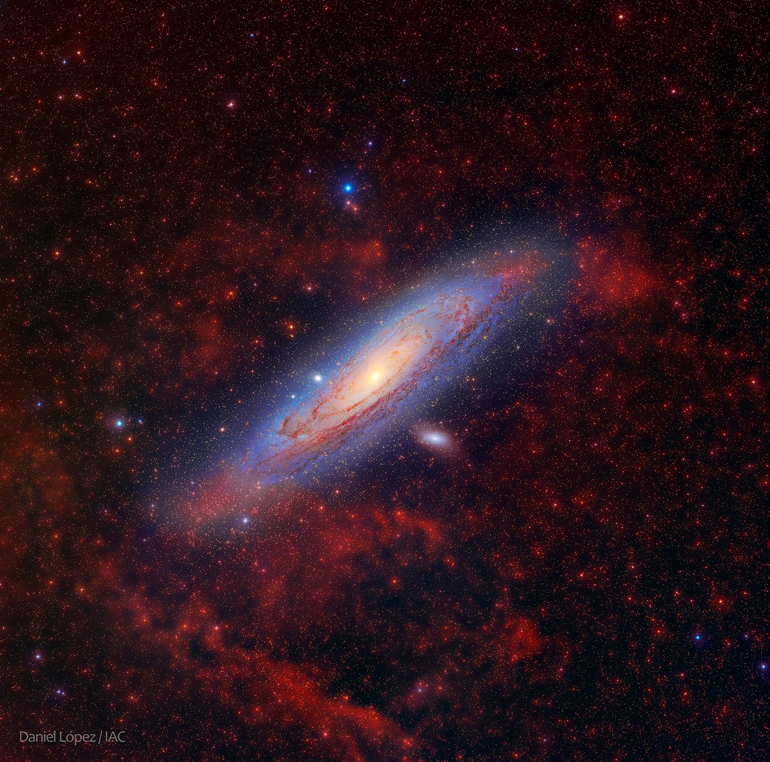 What are those red clouds surrounding the Andromeda galaxy? This galaxy, M31, is often imaged by planet Earth-based astronomers. As the nearest large spiral galaxy, it is a familiar sight with dark dust lanes, bright yellowish core, and spiral arms traced by clouds of bright blue stars.  A mosaic of well-exposed broad and narrow-band image data, this colorful portrait of our neighboring island universe offers strikingly unfamiliar features though, faint reddish clouds of glowing ionized hydrogen gas in the same wide field of view. These ionized hydrogen clouds surely lie in the foreground of the scene, well within our Milky Way Galaxy. They are likely associated with the pervasive, dusty interstellar cirrus clouds scattered hundreds of light-years above our own galactic plane.   Free APOD Lecture Tomorrow: January 9 at the National Harbor near Washington, DC