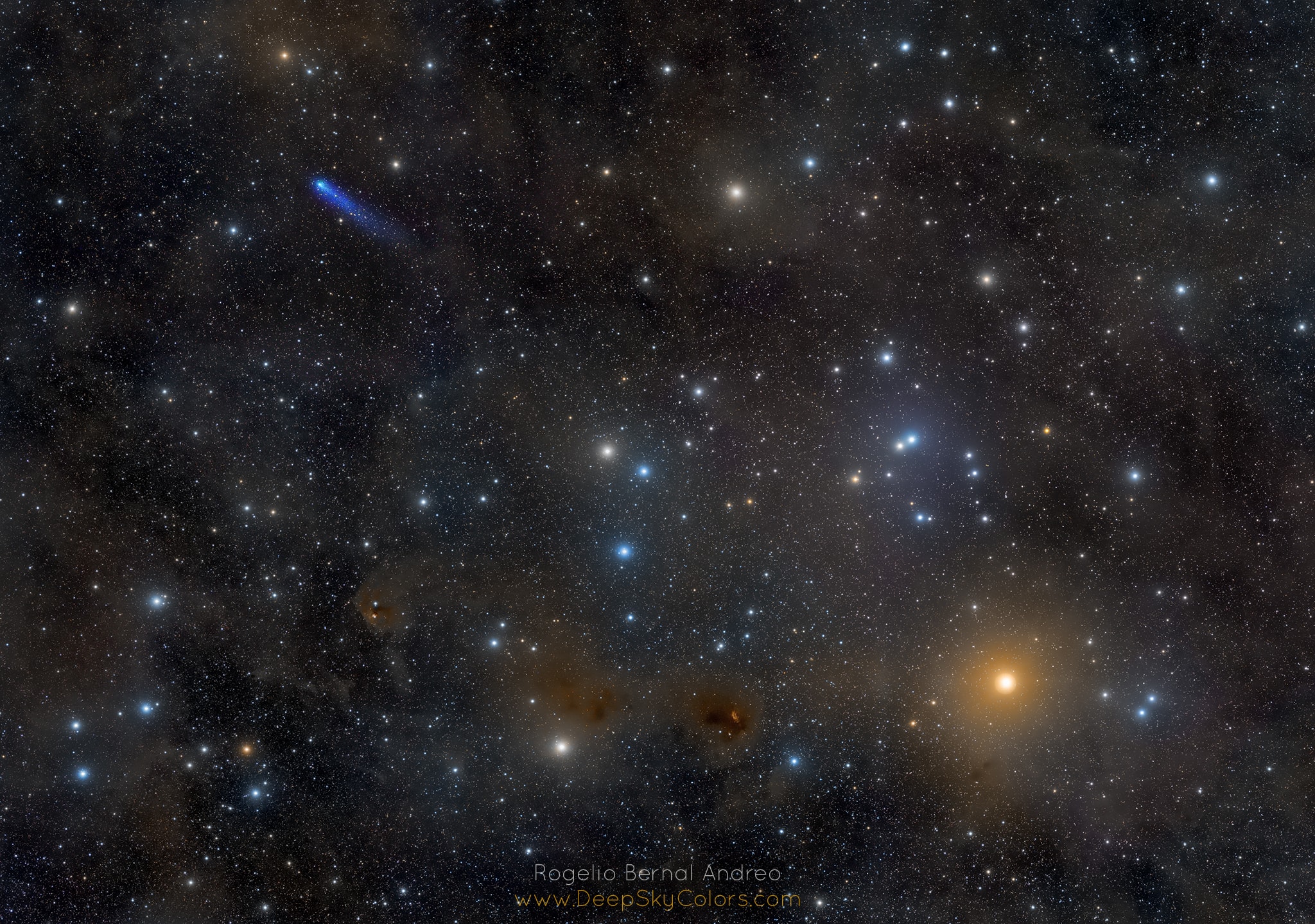 Stars of the Hyades cluster are scattered through this mosaic spanning over 5 degrees on the sky toward the constellation Taurus. Presently cruising through the Solar System, the remarkably blue comet C/2016 R2 PanSTARRS is placed in the wide field of view using image data from January 12. With the apex of the V-shape in the Hyades cluster positioned near the top center, bright Aldebaran, alpha star of Taurus, anchors the frame at the lower right. A cool red giant, Aldebaran is seen in orange hues in the colorful starfield. While the stars of the Hyades are gathered 151 light-years away, Aldebaran lies only 65 light-years distant and so is separate from the cluster stars. On January 12, C/2016 R2 was over 17 light-minutes from planet Earth and nearly 24 light-minutes from the Sun. Its blue tinted tail largely due to CO+ gas fluorescing in sunlight, the head or coma of the comet appears with a slightly greenish hue, likely emission from diatomic carbon.