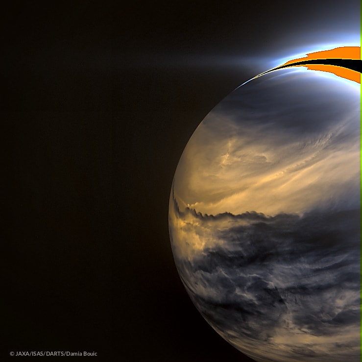 Why is Venus so different from Earth?  To help find out, Japan launched the robotic Akatsuki spacecraft which entered orbit around Venus late in 2015 after an unplanned five-year adventure around the inner Solar System.  Even though Akatsuki was past its original planned lifetime, the spacecraft and instruments were operating so well that much of its original mission was reinstated. Also known as the Venus Climate Orbiter, Akatsuki's instruments investigated unknowns about Earth's sister planet, including whether volcanoes are still active, whether lightning occurs in the dense atmosphere, and why wind speeds greatly exceed the planet's rotation speed. In the featured image taken by Akatsuki's IR2 camera, Venus's night side shows a jagged-edged equatorial band of high dark clouds absorbing infrared light from hotter layers deeper in Venus' atmosphere. The bright orange and black stripe on the upper right is a false digital artifact that covers part of the much brighter day side of Venus. Analyses of Akatsuki images and data has shown that Venus has equatorial jet similar to Earth's jet stream.   Watch: Lunar Extravaganza