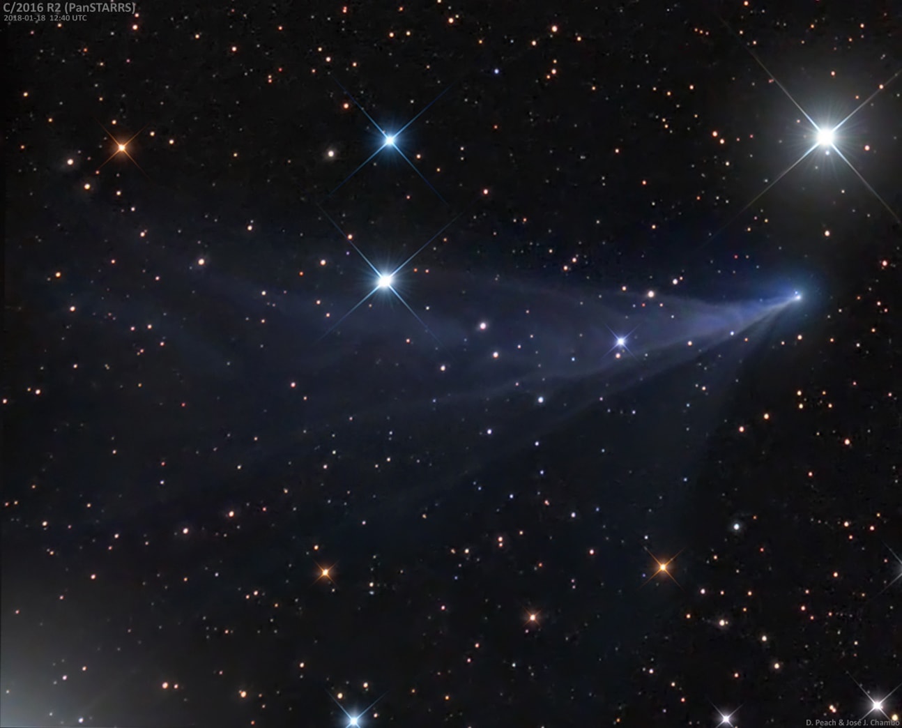 Discovered with the PanSTARRS telescope on September 7, 2016, this Comet PanSTARRS, C/2016 R2, is presently about 24 light minutes (3 AU) from the Sun, sweeping through planet Earth's skies across the background of stars in the constellation Taurus. An inbound visitor from our Solar System's distant Oort Cloud, its beautiful and complex ion tail is a remarkable shade of blue. Still relatively far from the Sun, the comet's already well-developed ion tail is very impressive. Emission from unusually abundant ionized carbon monoxide (CO+) molecules fluorescing in the increasing sunlight is largely responsible for the pretty blue tint. This color image of the blue comet is a combination of data taken from two different telescopes during the night of January 7. Located at the apex of the V-shaped Hyades star cluster in Taurus, bright star Gamma Tauri is responsible for the glow at the bottom left corner of the frame.