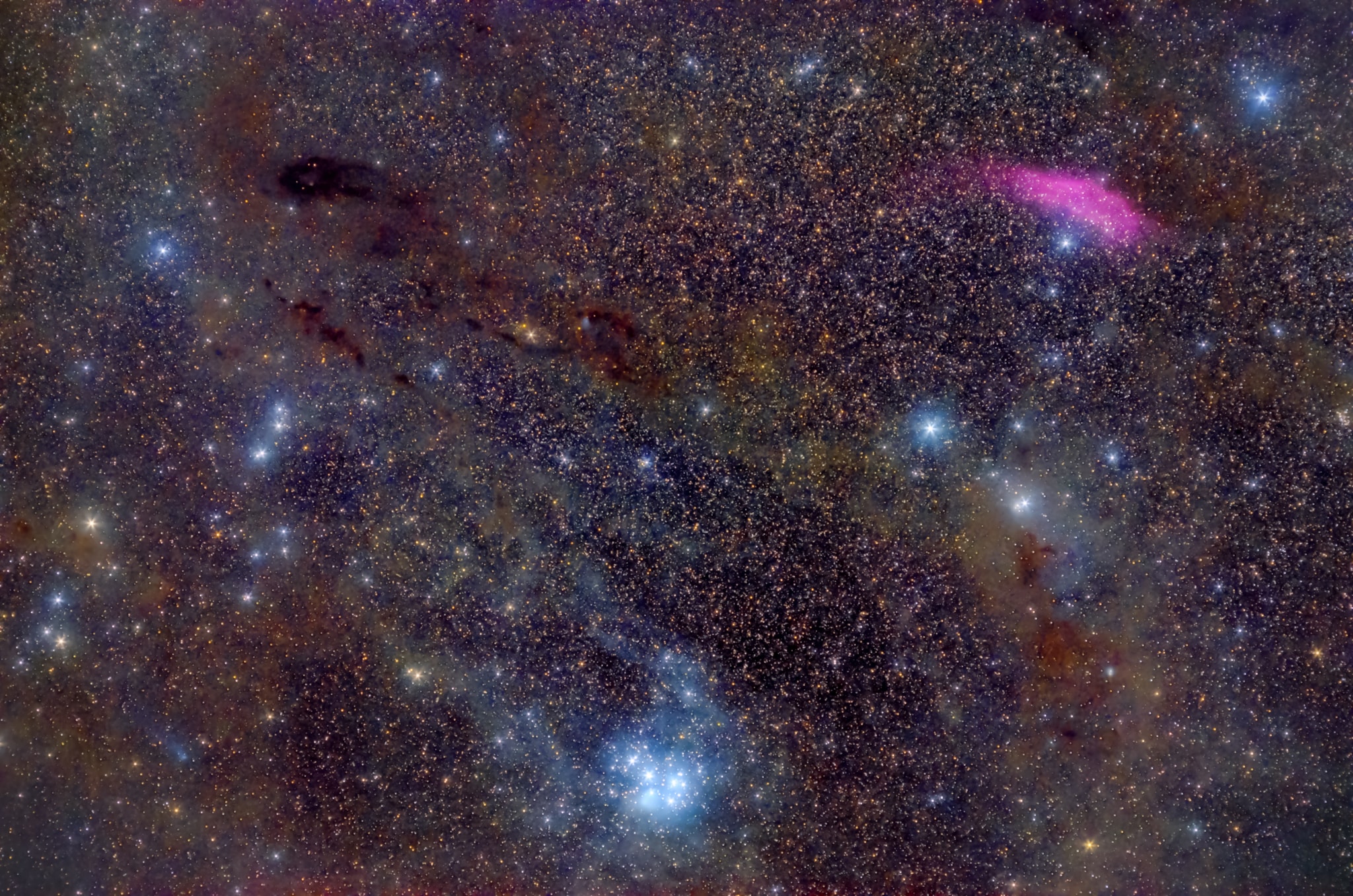 The comet PanSTARRS also known as the blue comet (C/2016 R2) really is near the lower left edge of this stunning, wide field view recorded on January 13. Spanning nearly 20 degrees on the sky, the cosmic landscape is explored by well-exposed and processed frames from a sensitive digital camera.  It consists of colorful clouds and dusty dark nebulae otherwise too faint for your eye to see, though. At top right, the California Nebula (aka NGC 1499) does have a familiar shape. Its coastline is over 60 light-years long and lies some 1,500 light-years away. The nebula's pronounced reddish glow is from hydrogen atoms ionized by luminous blue star Xi Persei just below it. Near bottom center, the famous Pleiades star cluster is some 400 light-years distant and around 15 light-years across. Its spectacular blue color is due to the reflection of starlight by interstellar dust. In between are hot stars of the Perseus OB2 association and dusty, dark nebulae along the edge of the nearby, massive Taurus and Perseus molecular clouds.  Emission from unusually abundant ionized carbon monoxide (CO+) molecules fluorescing in sunlight is largely responsible for the telltale blue tint of the remarkable comet's tail. The comet was about 17 light minutes from Earth.