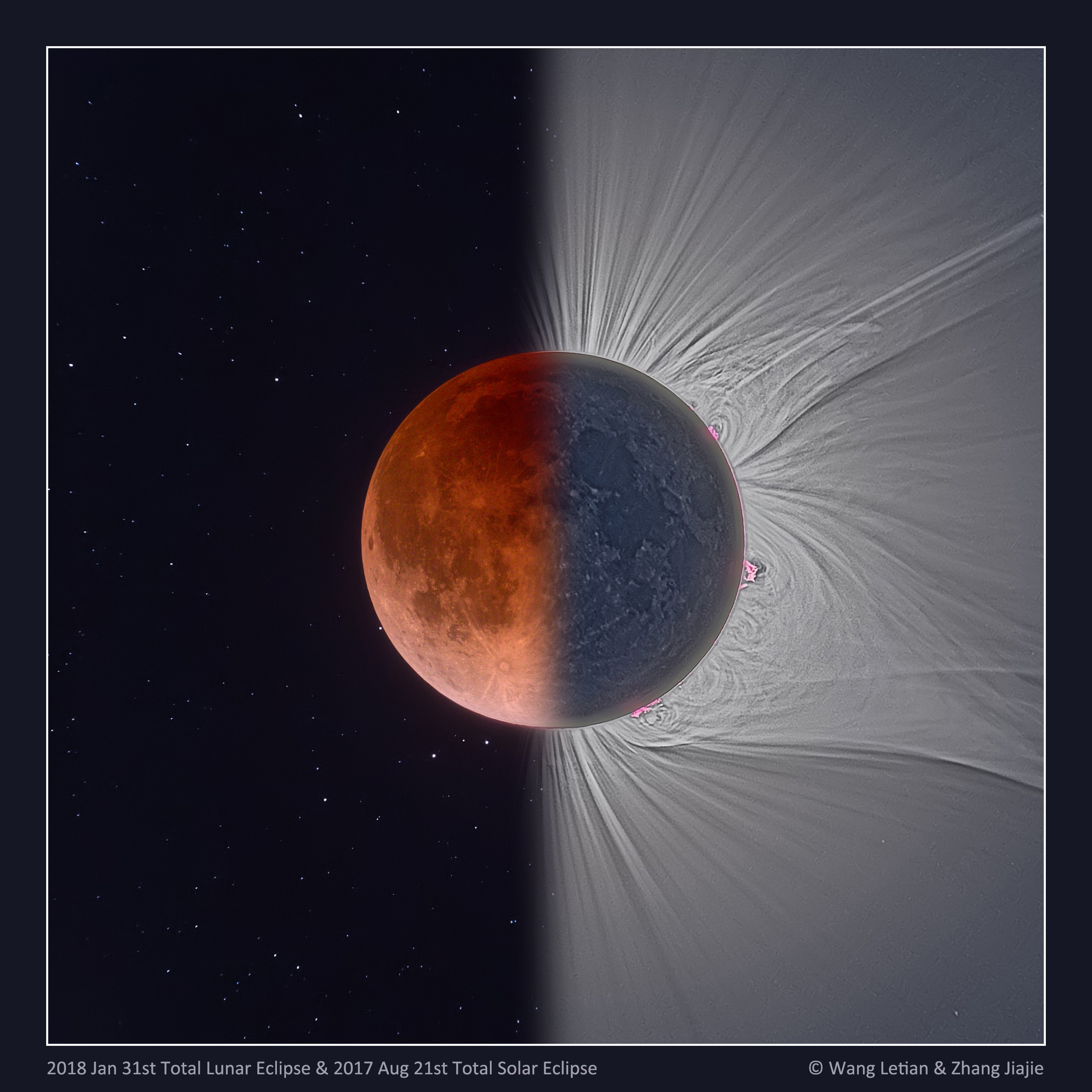 This digitally processed and composited picture creatively compares two famous eclipses in one; the total lunar eclipse (left) of January 31, and the total solar eclipse of August 21, 2017. The Moon appears near mid-totality in both the back-to-back total eclipses. In the lunar eclipse, its surface remains faintly illuminated in Earth's dark reddened shadow. But in the solar eclipse the Moon is in silhouette against the Sun's bright disk, where the otherwise dark lunar surface is just visible due to earthshine. Also seen in the lunar-aligned image pair are faint stars in the night sky surrounding the eclipsed Moon. Stunning details of prominences and coronal streamers surround the eclipsed Sun. The total phase of the Great American Eclipse of August 21 lasted about 2 minutes or less for locations along the Moon's shadow path. From planet Earth's night side, totality for the Super Blue Blood Moon of January 31 lasted well over an hour.