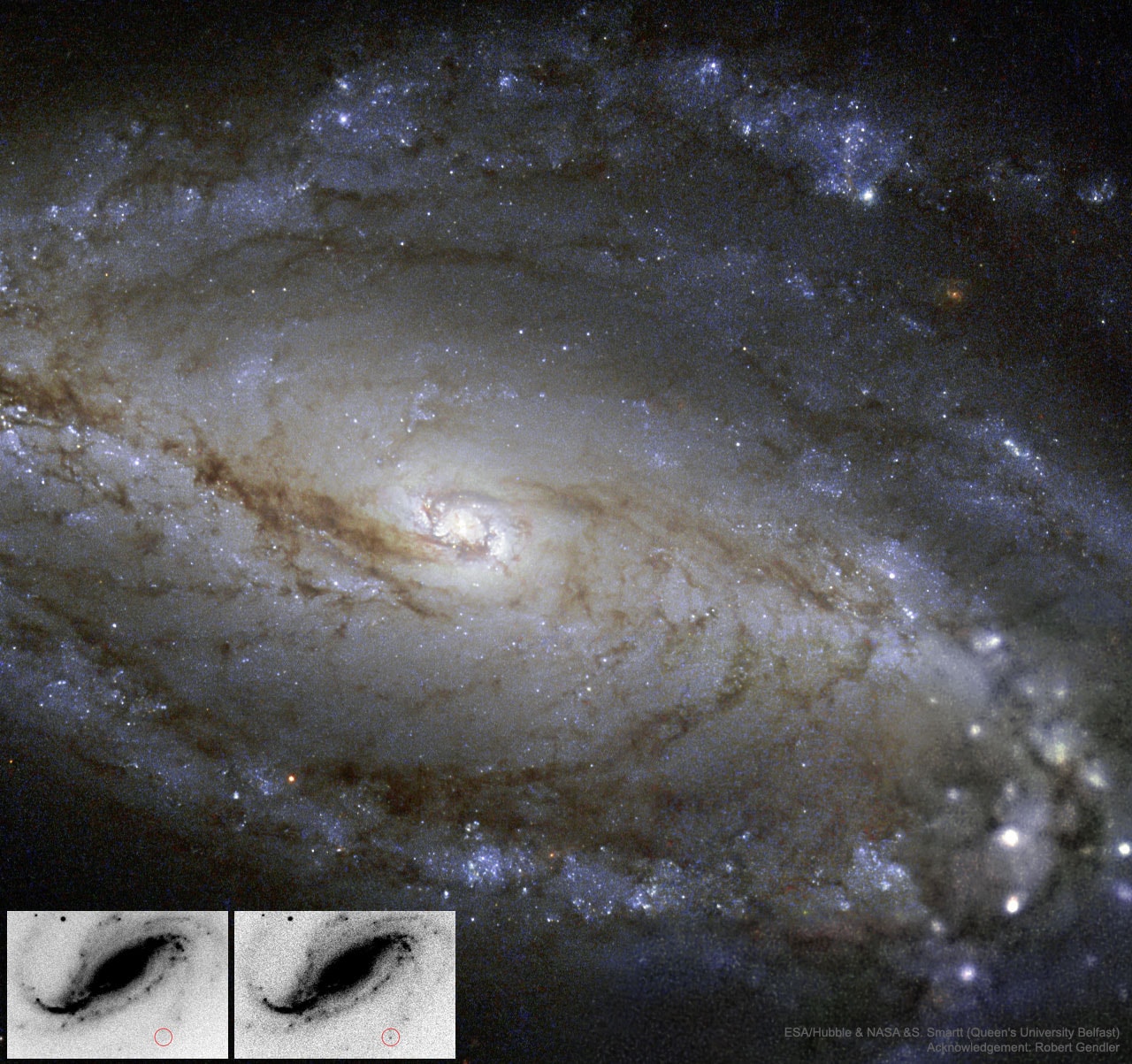 Where did that spot come from?  Amateur astronomer Victor Buso was testing out a new camera on his telescope in 2016 when he noticed a curious spot of light appear -- and remain. After reporting this unusual observation, this spot was determined to be light from a supernova just as it was becoming visible -- in an earlier stage than had ever been photographed optically before. The discovery before and after images, taken about an hour apart, are shown in the inset of a more detailed image of the same spiral galaxy, NGC 613, taken by the Hubble Space Telescope. Follow-up observations show that SN 2016gkg was likely the explosion of a supergiant star, and Buso likely captured the stage where the outgoing detonation wave from the stellar core broke through the star's surface.  Since astronomers have spent years monitoring galaxies for supernovas without seeing such a "break out" event, the odds of Buso capturing this have been compared to winning a lottery.