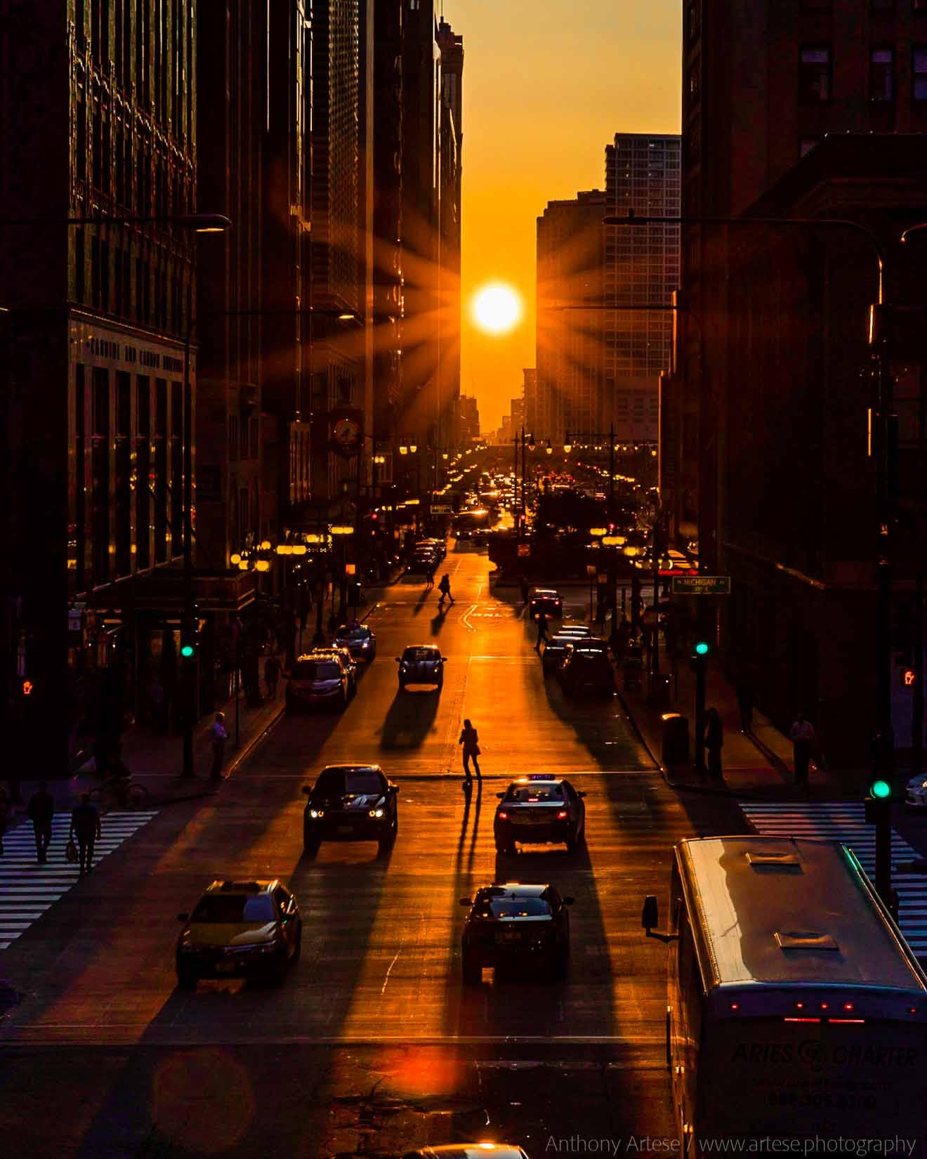 Sometimes, in a way, Chicago is like a modern Stonehenge. The way is east to west, and the time is today.  Today, and every equinox, the Sun will set exactly to the west, everywhere on Earth. Therefore, today in Chicago, the Sun will set directly down the long equatorially-aligned grid of streets and buildings, an event dubbed #chicagohenge.  Featured here is a Chicago Henge picture taken during the last equinox in mid-September of 2017 looking along part of Upper Wacker Drive.  Many cities, though, have streets or other features that are well-aligned to Earth's spin axis. Therefore, quite possibly, your  favorite street may also run east - west. Tonight at sunset, with a quick glance, you can actually find out.