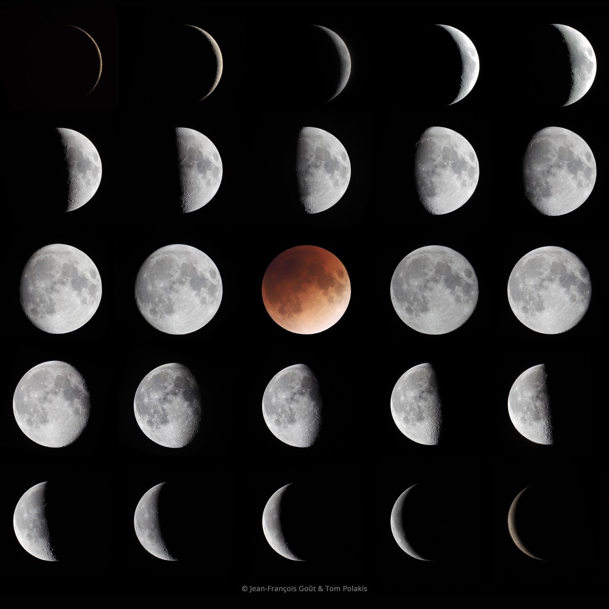 Look at the Moon every night and its visible sunlit portion gradually changes. In phases progressing from New Moon to Full Moon to New Moon again, a lunar cycle or lunation is completed in about 29.5 days. Top left to bottom right, these frames show the range of lunar phases for 25 consecutive nights beginning on January 18, following an almost complete lunation. They skip the 2 days just after and 2 days before New Moon, when the lunar phase is at best a narrow crescent, close to the Sun and really hard to see. Of course, mostly clear Arizona night skies and a little help from a friend were required to complete this lunar cycle project, imaging in early evening for the first half and late evening and early morning for the second half of the lunation. For extra credit, the cycle was centered on the Full Moon of January 31. That was the second Full Moon in January, when the Moon was near lunar orbit perigee and took on reddish hues during a total lunar eclipse.