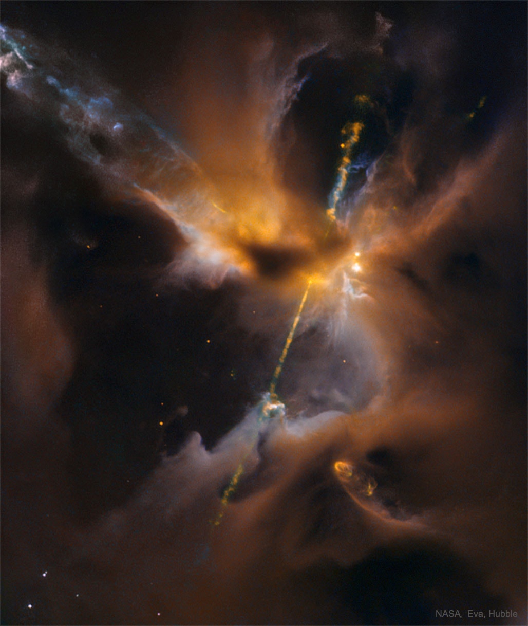 This might look like a double-bladed lightsaber, but these two cosmic jets actually beam outward from a newborn star in a galaxy near you. Constructed from Hubble Space Telescope image data, the stunning scene spans about half a light-year across Herbig-Haro 24 (HH 24), some 1,300 light-years away in the stellar nurseries of the Orion B molecular cloud complex. Hidden from direct view, HH 24's central protostar is surrounded by cold dust and gas flattened into a rotating accretion disk. As material from the disk falls toward the young stellar object it heats up. Opposing jets are blasted out along the system's rotation axis. Cutting through the region's interstellar matter, the narrow, energetic jets produce a series of glowing shock fronts along their path.