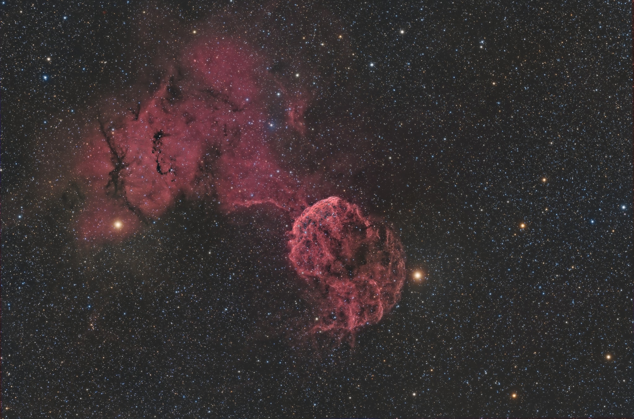 Normally faint and elusive, the Jellyfish Nebula is caught in this alluring telescopic image. Centered in the scene it's anchored right and left by two bright stars, Mu and Eta Geminorum, at the foot of the celestial twin. The Jellyfish Nebula is the brighter arcing ridge of emission with dangling tentacles. In fact, the cosmic jellyfish is part of bubble-shaped supernova remnant IC 443, the expanding debris cloud from a massive star that exploded. Light from the explosion first reached planet Earth over 30,000 years ago. Like its cousin in astrophysical waters the Crab Nebula supernova remnant, the Jellyfish Nebula is known to harbor a neutron star, the remnant of the collapsed stellar core. An emission nebula cataloged as Sharpless 249 fills the field at the upper left. The Jellyfish Nebula is about 5,000 light-years away. At that distance, this image would be about 300 light-years across.
