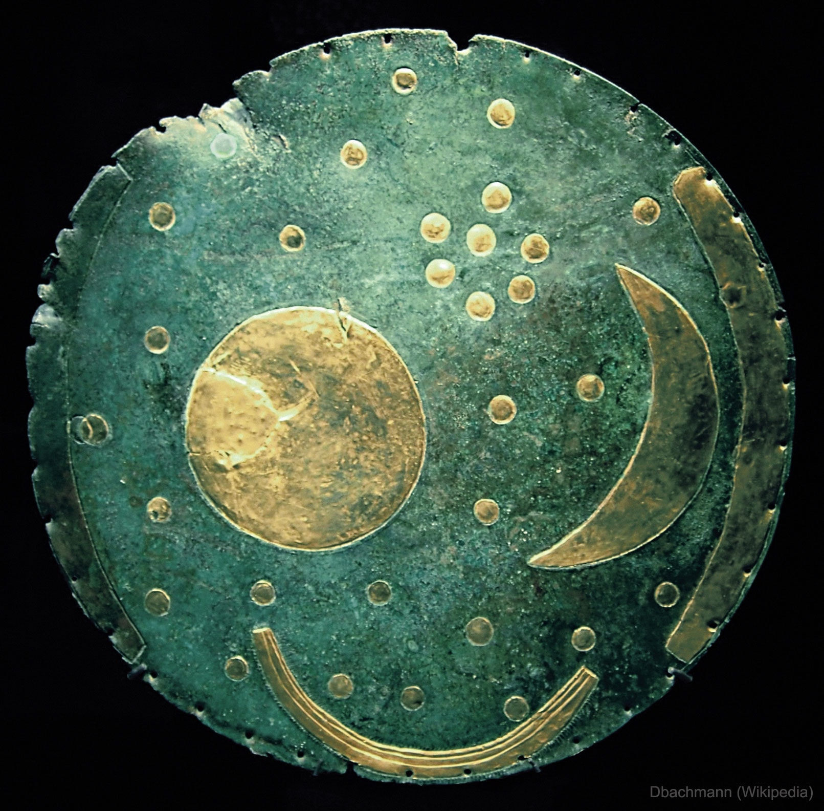 Some consider it the oldest known illustration of the night sky. But what, exactly, does it depict, and why was it made? The Nebra sky disk was found with a metal detector in 1999 by treasure hunters near Nebra, Germany, in the midst of several bronze-age weapons.  The ancient artifact spans about 30 centimeters and has been associated with the Unetice culture that inhabited part of Europe around 1600 BC. Reconstructed, the dots are thought to represent stars, with the cluster representing the Pleiades, and the large circle and the crescent representing the Sun and Moon. The purpose of the disk remains unknown -- hypotheses including an astronomical clock, a work of art, and a religious symbol. Valued at about $11 million, some believe that the Nebra sky disk is only one of a pair, with the other disk still out there waiting to be discovered.