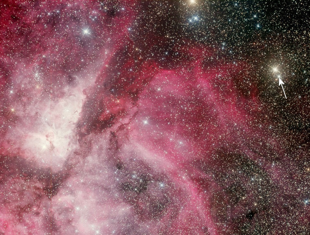How bright will Nova Carinae 2018 become? The new nova was discovered only last week. Although novas occur frequently throughout the universe, this nova, cataloged as ASASSN-18fv, is so unusually bright in the skies of Earth that it is now easily visible through binoculars in the southern hemisphere. Identified by the arrow, the nova occurs near the direction of the picturesque Carina Nebula. A nova is typically caused by a thermonuclear explosion on the surface of a white dwarf star that is accreting matter from a binary companion, although details of this outburst are currently unknown.  Both professional and amateur astronomers will be monitoring this unusual stellar outburst in the coming weeks, looking to see how Nova Carinae 2018 evolves, including whether it becomes bright enough to be visible to the unaided eye.