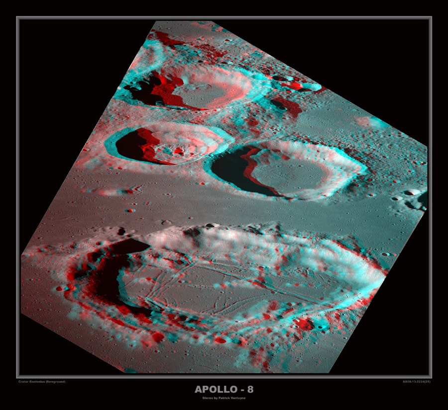 Frank Borman, James Lovell, and William Anders journeyed from Earth to the Moon and back again in December of 1968. From lunar orbit, their view of craters in southwest Mare Fecunditatis is featured in this stereo anaglyph, best experienced from armchairs on planet Earth with red/blue glasses. Goclenius is the large impact crater in the foreground. About 70 kilometers (45 miles) in diameter its lava-flooded floor is scarred by rilles or grooves, long, narrow depressions in the surface. Crossing the crater walls and central peaks the rilles were likely formed after the crater itself. In the background, the two large craters with smooth floors are Colombo A (top) and Magelhaens. Magelhaens A, the background crater with the irregular floor, is about 35 kilometers (20 miles) in diameter.
