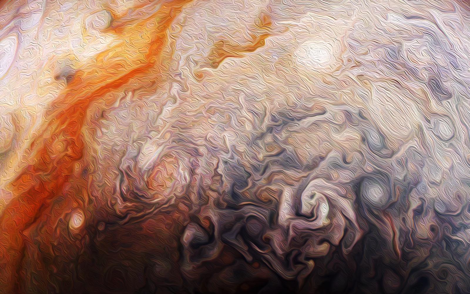 Brush strokes of Jupiter's signature atmospheric bands and vortices form this planetary post-impressionist work of art. The creative image uses actual data from the Juno spacecraft's JunoCam. To paint on the digital canvas, an image with light and dark tones was chosen for processing and an oil-painting software filter applied. The image data was captured during perijove 10, Juno's December 16, 2017 close encounter with the solar system's ruling gas giant. At the time the spacecraft was cruising about 13,000 kilometers above northern Jovian cloud tops.