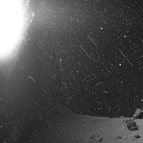 You couldn't really be caught in this blizzard while standing by a cliff on Churyumov-Gerasimenko, also known as comet 67P. Orbiting the comet in June of 2016 the Rosetta spacecraft's narrow angle camera did record streaks of dust and ice particles though, as they drifted across the field of view near the camera and above the comet's surface. Some of the bright specks in the scene are likely due to a rain of energetic charged particles or cosmic rays hitting the camera, and the dense background of stars in the direction of the constellation Canis Major. Click on this single frame to play and the background stars are easy to spot trailing from top to bottom in an animated gif (7.7MB). The 33 frames of the time compressed animation span about 25 minutes of real time. The stunning gif was constructed from consecutive images taken while Rosetta cruised some 13 kilometers from the comet's nucleus.