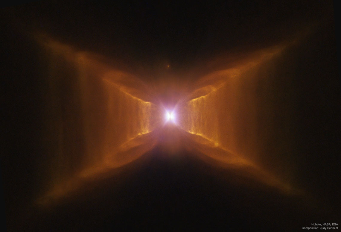 How was the unusual Red Rectangle nebula created? At the nebula's center is an aging binary star system that surely powers the nebula but does not, as yet, explain its colors. The unusual shape of the Red Rectangle is likely due to a thick dust torus which pinches the otherwise spherical outflow into tip-touching cone shapes. Because we view the torus edge-on, the boundary edges of the cone shapes seem to form an X. The distinct rungs suggest the outflow occurs in fits and starts. The unusual colors of the nebula are less well understood, however, and speculation holds that they are partly provided by hydrocarbon molecules that may actually be building blocks for organic life. The Red Rectangle nebula lies about 2,300 light years away towards the constellation of the Unicorn (Monoceros). The nebula is shown here in great detail as recently reprocessed image from Hubble Space Telescope. In a few million years, as one of the central stars becomes further depleted of nuclear fuel, the Red Rectangle nebula will likely bloom into a planetary nebula.