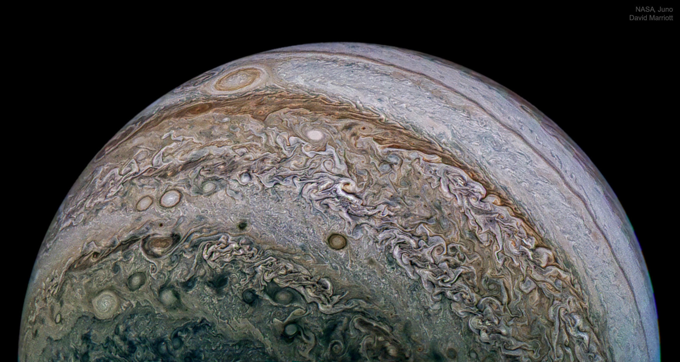 How complex is Jupiter? NASA's Juno mission to Jupiter is finding the Jovian giant to be more complicated than expected. Jupiter's magnetic field has been discovered to be much different from our Earth's simple dipole field, showing several poles embedded in a complicated network more convoluted in the north than the south. Further, Juno's radio measurements show that Jupiter's atmosphere shows structure well below the upper cloud deck -- even hundreds of kilometers deep. Jupiter's newfound complexity is evident also in southern clouds, as shown in the featured image.  There, planet-circling zones and belts that dominate near the equator decay into a complex miasma of continent-sized storm swirls.  Juno continues in its looping elliptical orbit, swooping near the huge planet every 53 days and exploring a slightly different sector each time around.