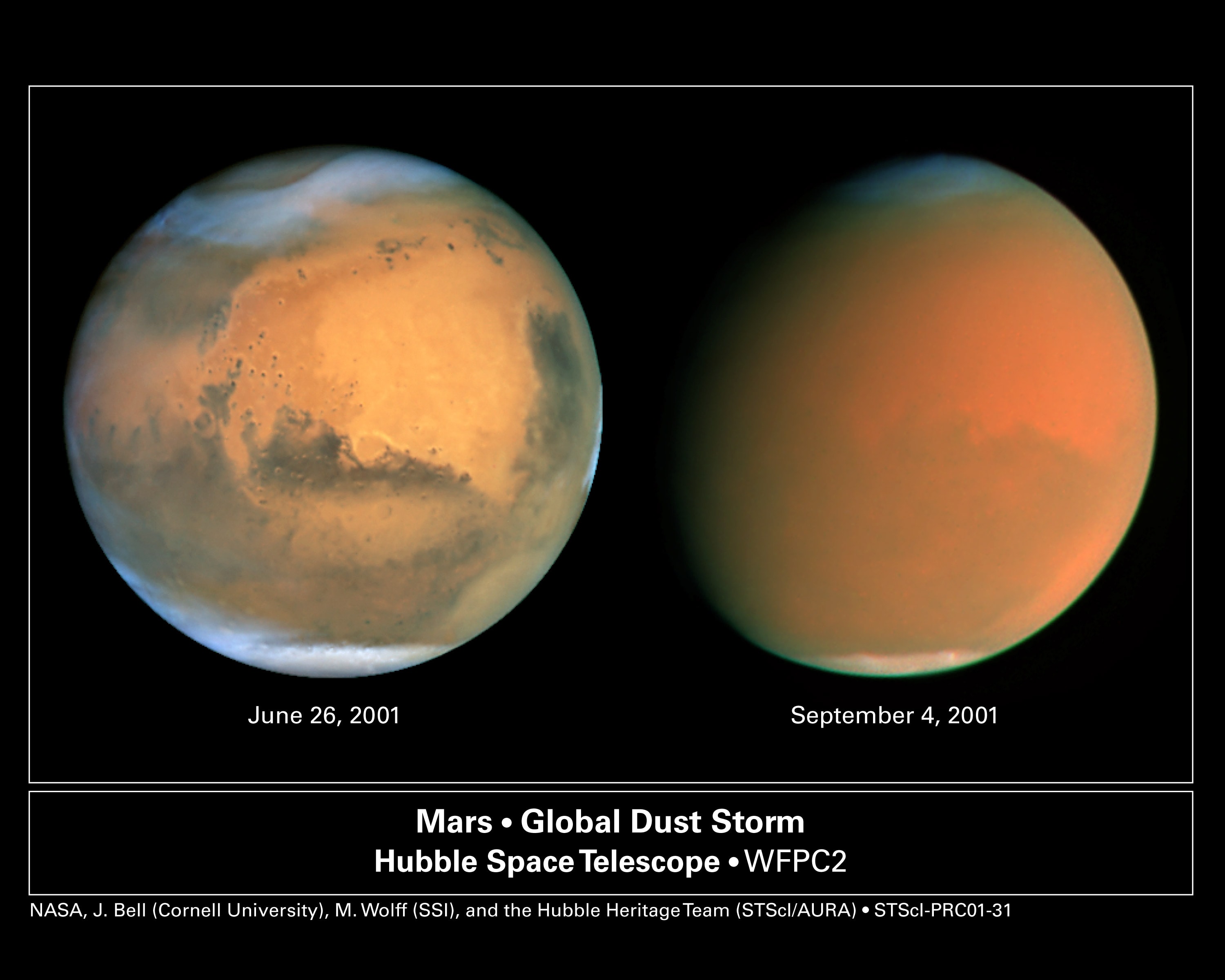 What's happened to Mars? In 2001, Mars underwent a tremendous planet-wide dust storm -- one of the largest ever recorded from Earth. To show the extent, these two Hubble Space Telescope storm watch images from late June and early September (2001) offer dramatically contrasting views of the martian surface. At left, the onset of smaller "seed" storms can be seen near the Hellas basin (lower right edge of Mars) and the northern polar cap. A similar surface view at right, taken over two months later, shows the fully developed extent of the obscuring global storm. Although this storm eventually waned, in recent days a new large dust storm has been taking hold of the red planet.