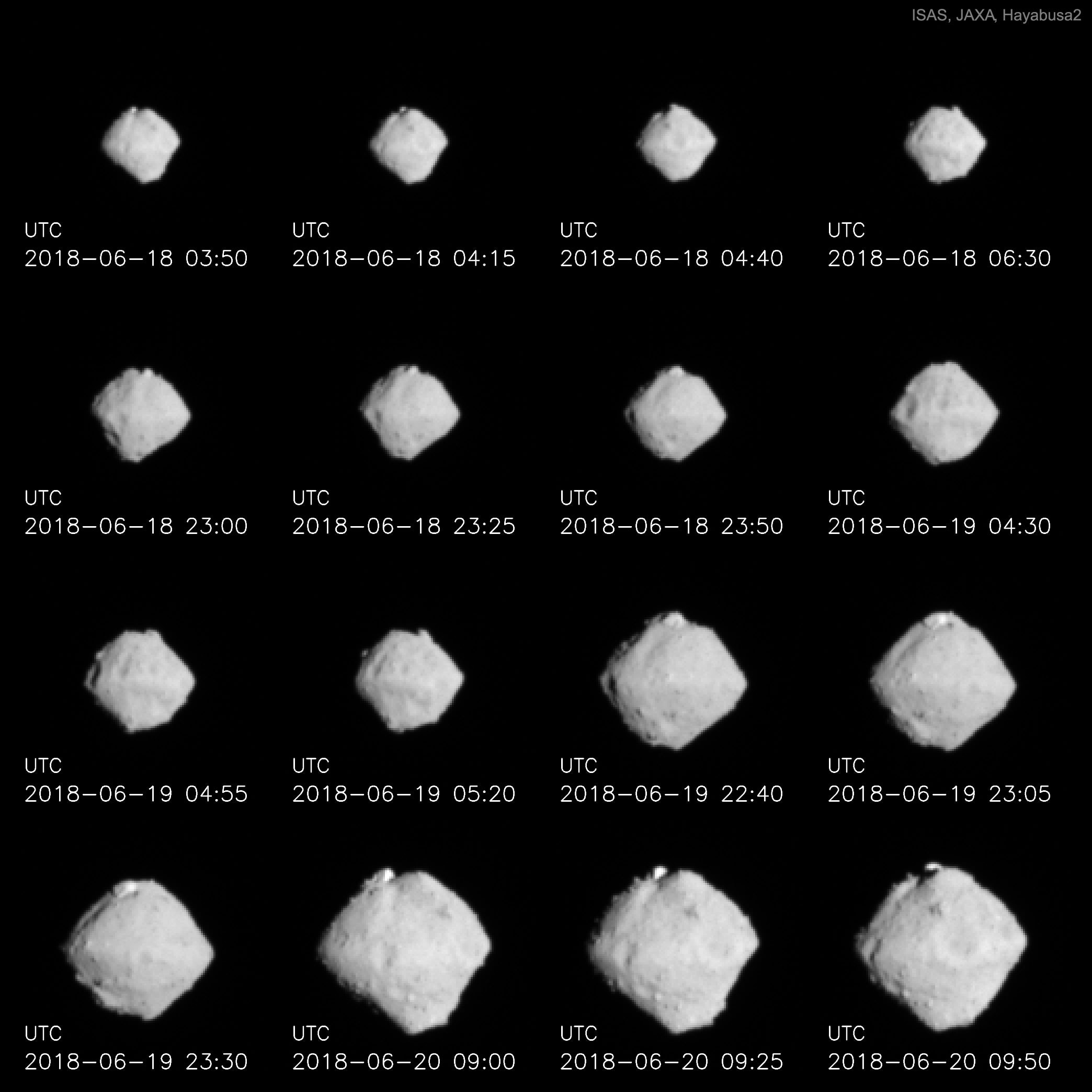 It looks like a big space diamond -- but with craters. It's 162173 Ryugu (Dragon's Castle), and Japan's robotic Hayabusa2 mission is now arriving at this near-Earth asteroid. Ambitious Hayabusa2 is carrying an armada of separable probes, including two impactors, four small close-proximity hoverers, three small surface hoppers, and the Mobile Asteroid Surface Scout (MASCOT) which will land, study, and move around on Ryugu's surface. Most of these are equipped with cameras.   Moreover, Hayabusa2 itself is scheduled to collect surface samples and return these samples to Earth for a detailed analysis near the end of 2020.  Previously, what was known about asteroid Ryugu was its orbit, that it spans about one kilometer, and that it has a dark surface that reflects unusual colors.  Studying Ryugu could tell humanity not only about Ryugu's surface and interior, but about what materials were available in the early Solar System for the development of life.  Pictured, a series of approach images shows features suggestive of large boulders and craters.