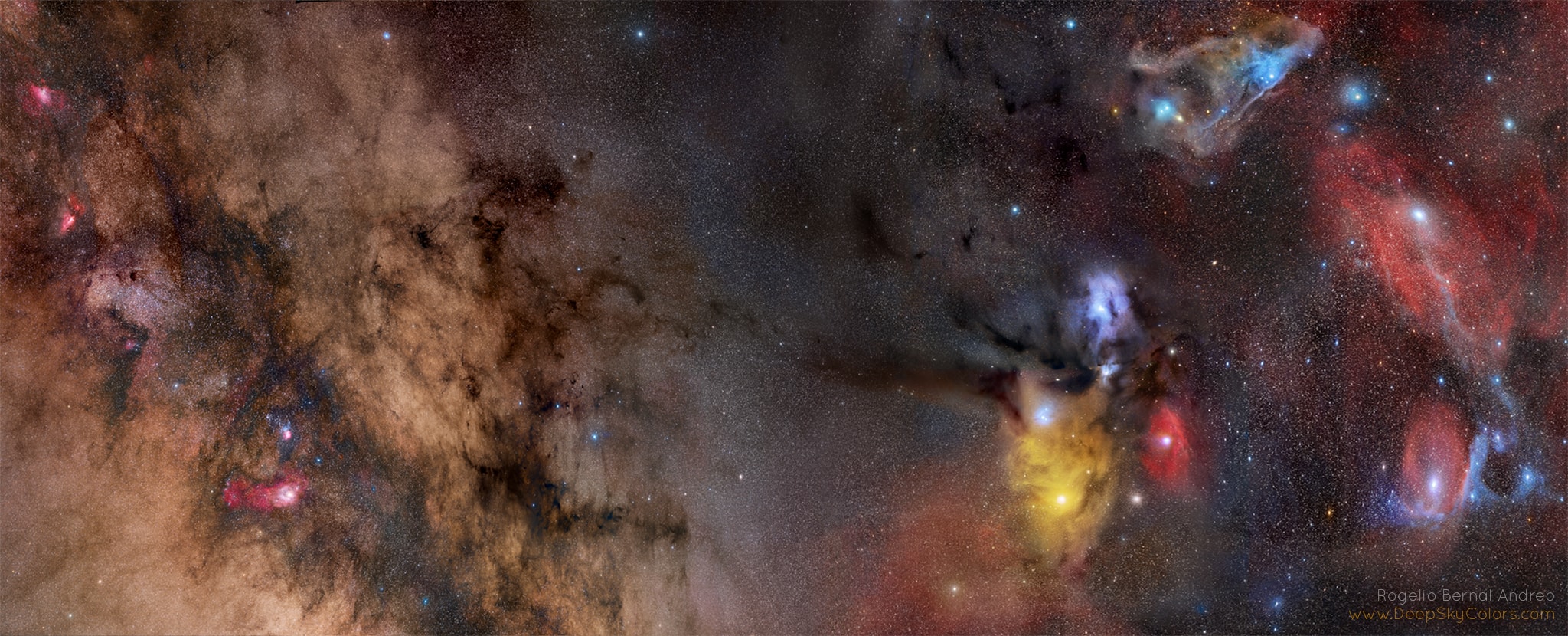 Behold one of the most photogenic regions of the night sky, captured impressively.  Featured, the band of our Milky Way Galaxy runs diagonally along the far left, while the colorful Rho Ophiuchus region including the bright orange star Antares is visible just right of center, and the nebula Sharpless 1 (Sh2-1) appears on the far right. Visible in front of the Milk Way band are several famous nebulas including the Eagle Nebula (M16), the Trifid Nebula (M20), and the Lagoon Nebula (M8).  Other notable nebulas include the Pipe and Blue Horsehead.  In general, red emanates from nebulas glowing in the light of exited hydrogen gas, while blue marks interstellar dust preferentially reflecting the light of bright young stars.  Thick dust appears otherwise dark brown.  Large balls of stars visible include the globular clusters M4, M9, M19, M28, and M80, each marked on the  annotated companion image.  This extremely wide field -- about 50 degrees across -- spans the constellations of Sagittarius is on the lower left, Serpens on the upper left, Ophiuchus across the middle, and Scorpius on the right.  It took over 100 hours of sky imaging, combined with meticulous planning and digital processing, to create this image.