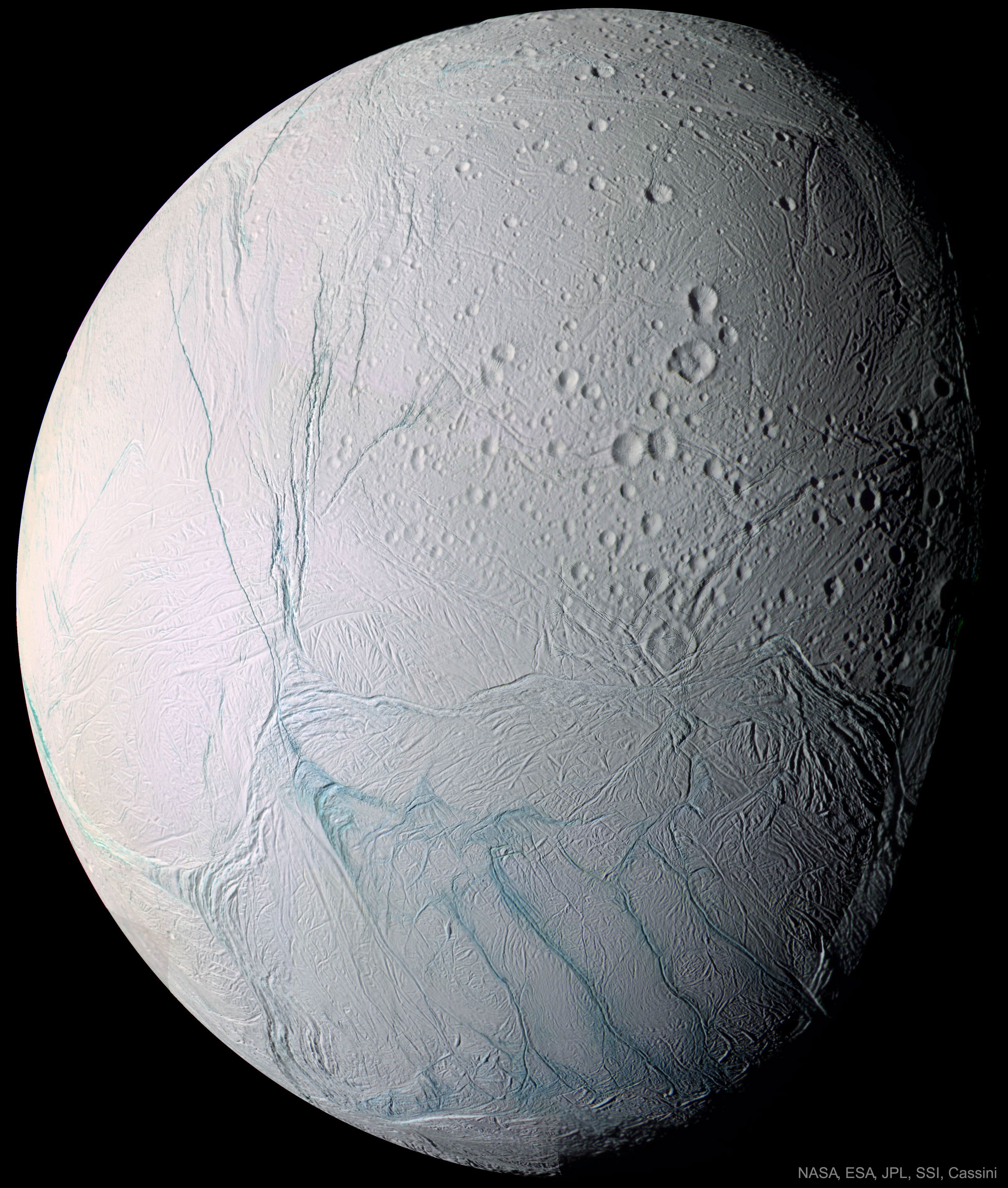 Do underground oceans vent through the tiger stripes on Saturn's moon Enceladus?  Long features dubbed tiger stripes are known to be spewing ice from the moon's icy interior into space, creating a cloud of fine ice particles over the moon's South Pole and creating Saturn's mysterious E-ring.  Evidence for this has come from the robot Cassini spacecraft that orbited Saturn from 2004 to 2017.  Pictured here, a high resolution image of Enceladus is shown from a close flyby.  The unusual surface features dubbed tiger stripes are visible in false-color blue.  Why Enceladus is active remains a mystery, as the neighboring moon Mimas,approximately the same size, appears quite dead. A recent analysis of ejected ice grains has yielded evidence that complex organic molecules exist inside Enceladus. These large carbon-rich molecules bolster -- but do not prove -- that oceans under Enceladus' surface could contain life.   News: Complex Organics Bubble up from Ocean-world Enceladus