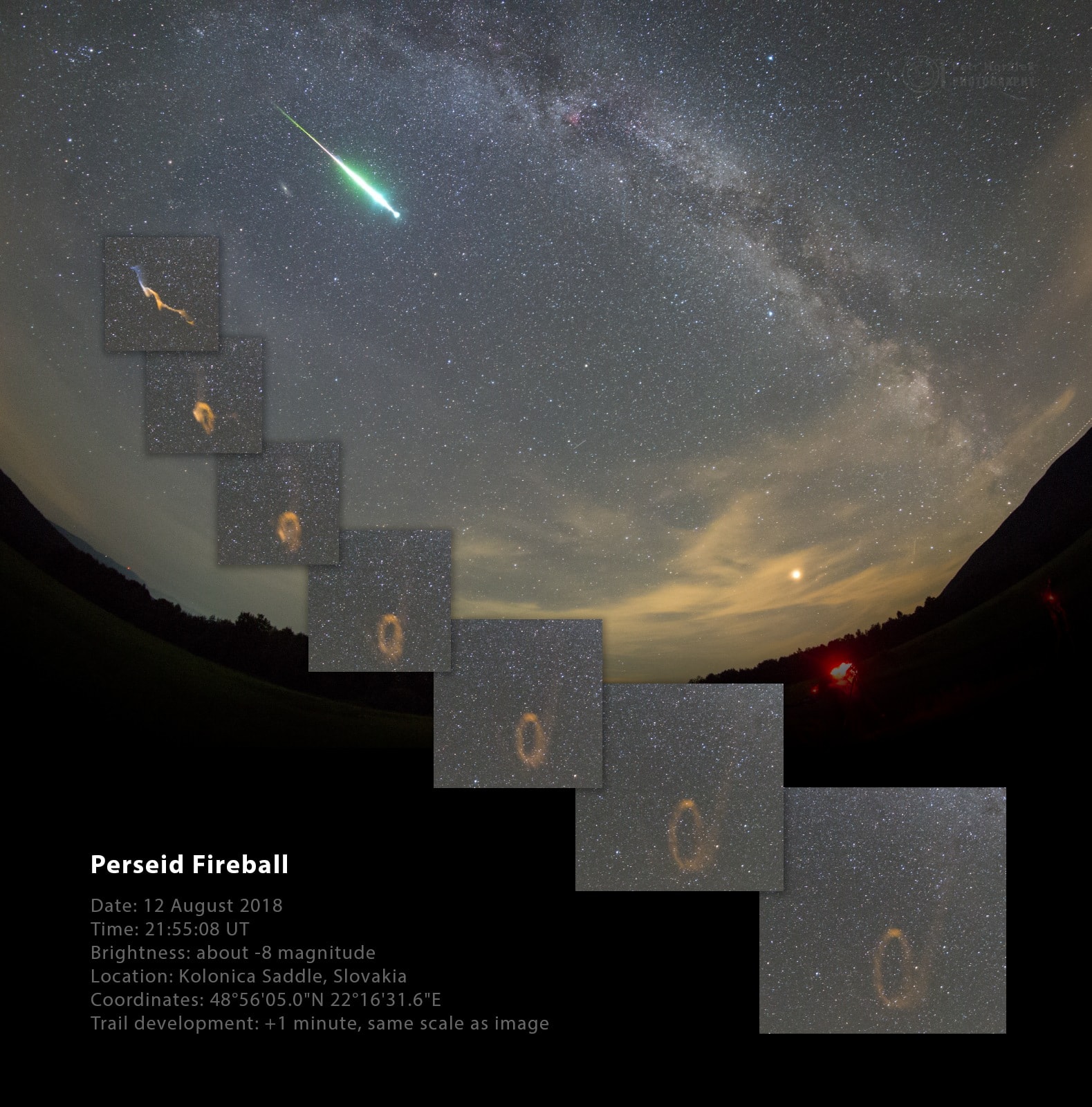 Before local midnight on August 12, this brilliant Perseid meteor flashed above the Poloniny Dark Sky Park, Slovakia, planet Earth. Streaking beside the summer Milky Way, its initial color is likely due to the shower meteor's characteristically high speed. Moving at about 60 kilometers per second, Perseid meteors can excite green emission from oxygen atoms while passing through the thin atmosphere at high altitudes. Also characteristic of bright meteors, this Perseid left a lingering visible trail known as a persistent train, wafting in the upper atmosphere. Its development is followed in the inset frames, exposures separated by one minute and shown at the scale of the original image. Compared to the brief flash of the meteor, the wraith-like trail really is persistent. After an hour faint remnants of this one could still be traced, expanding to over 80 degrees on the sky.