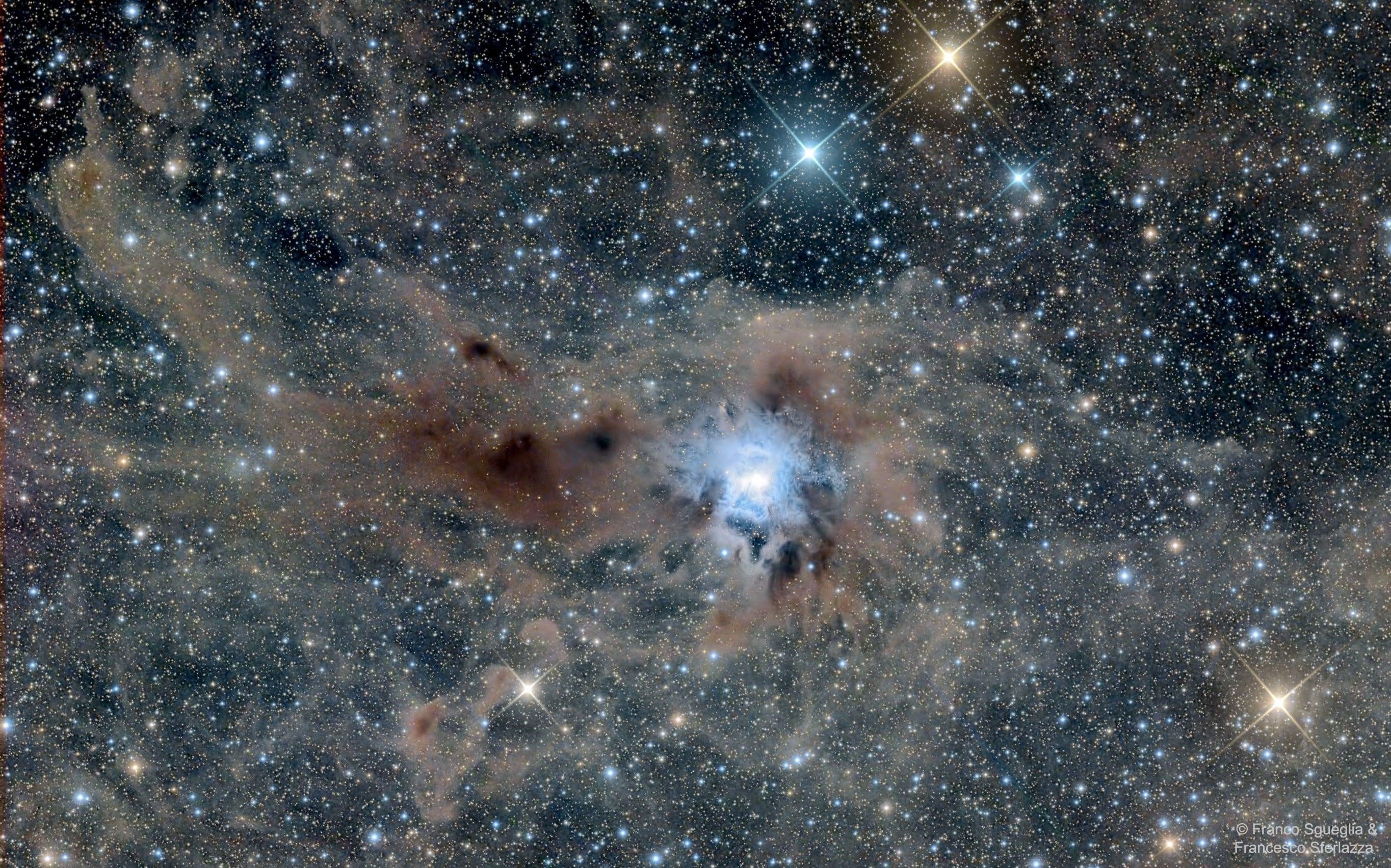 What blue flower grows in this field of dark interstellar dust? The Iris Nebula. The striking blue color of the Iris Nebula is created by light from the bright star SAO 19158 reflecting off of a dense patch of normally dark dust. Not only is the star itself mostly blue, but blue light from the star is preferentially reflected by the dust -- the same effect that makes Earth's sky blue. The brown tint of the pervasive dust comes partly from photoluminescence -- dust converting ultraviolet radiation to red light.  Cataloged as NGC 7023, the Iris Nebula is studied frequently because of the unusual prevalence there of Polycyclic Aromatic Hydrocarbons (PAHs), complex molecules that are also released on Earth during the incomplete combustion of wood fires. The bright blue portion of the Iris Nebula spans about six light years. The Iris Nebula, pictured here, lies about 1300 light years distant and can be found with a small telescope toward the constellation of Cepheus.   APOD Event: APOD Editor to speak at Fermilab on August 8
