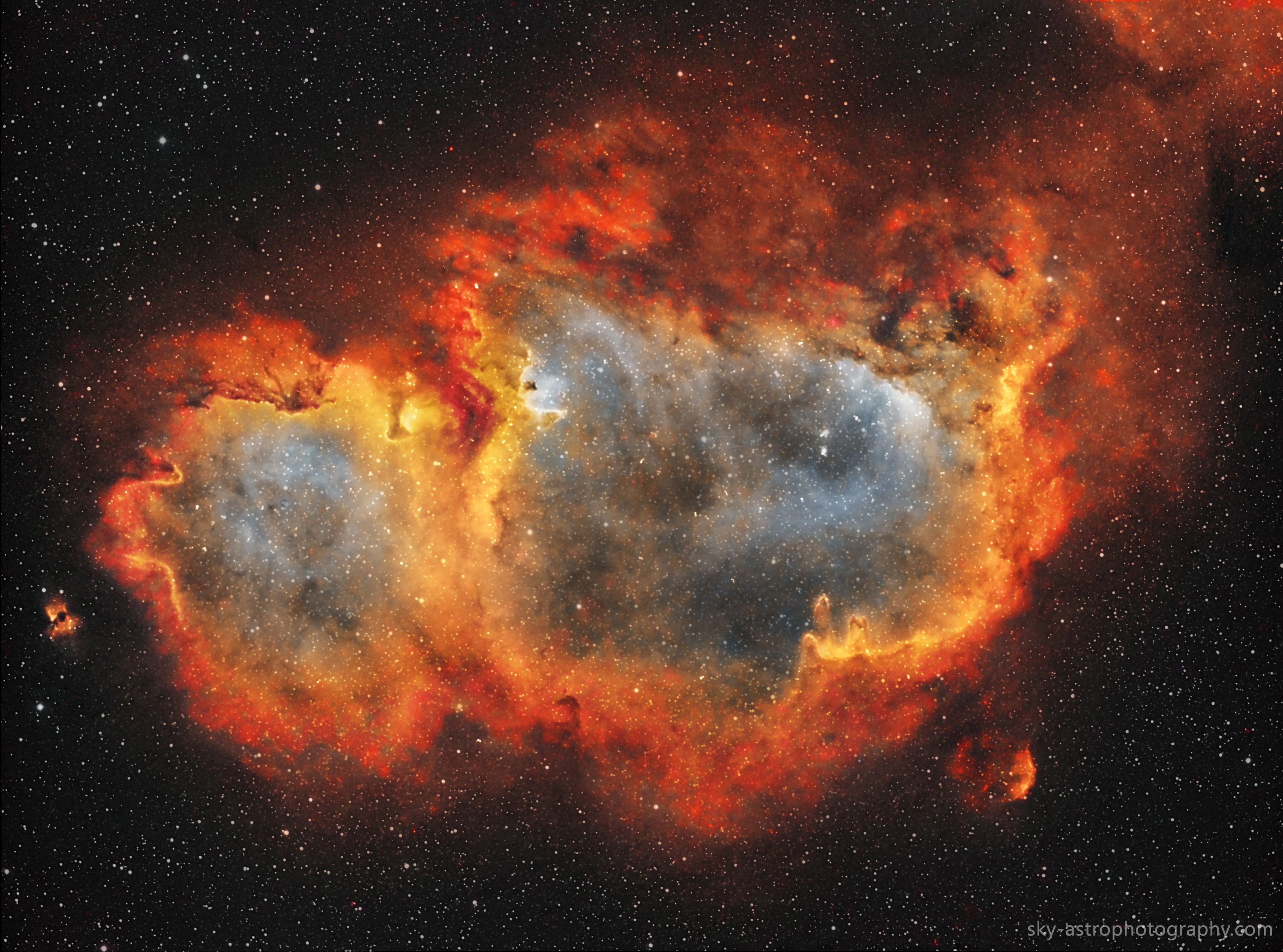 Stars are forming in the Soul of the Queen of Aethopia. More specifically, a large star forming region called the Soul Nebula (IC 1898) can be found in the direction of the constellation Cassiopeia, who Greek mythology credits as the vain wife of a King who long ago ruled lands surrounding the upper Nile river. The Soul Nebula houses several open clusters of stars, a large radio source known as W5, and huge evacuated bubbles formed by the winds of young massive stars. Located about 6,500 light years away, the Soul Nebula spans about 100 light years and is usually imaged next to its celestial neighbor the Heart Nebula (IC 1805). The featured image is a composite of three exposures in different colors: red as emitted by hydrogen gas, yellow as emitted by sulfur, and blue as emitted by oxygen.   News: New APOD mirror in French
