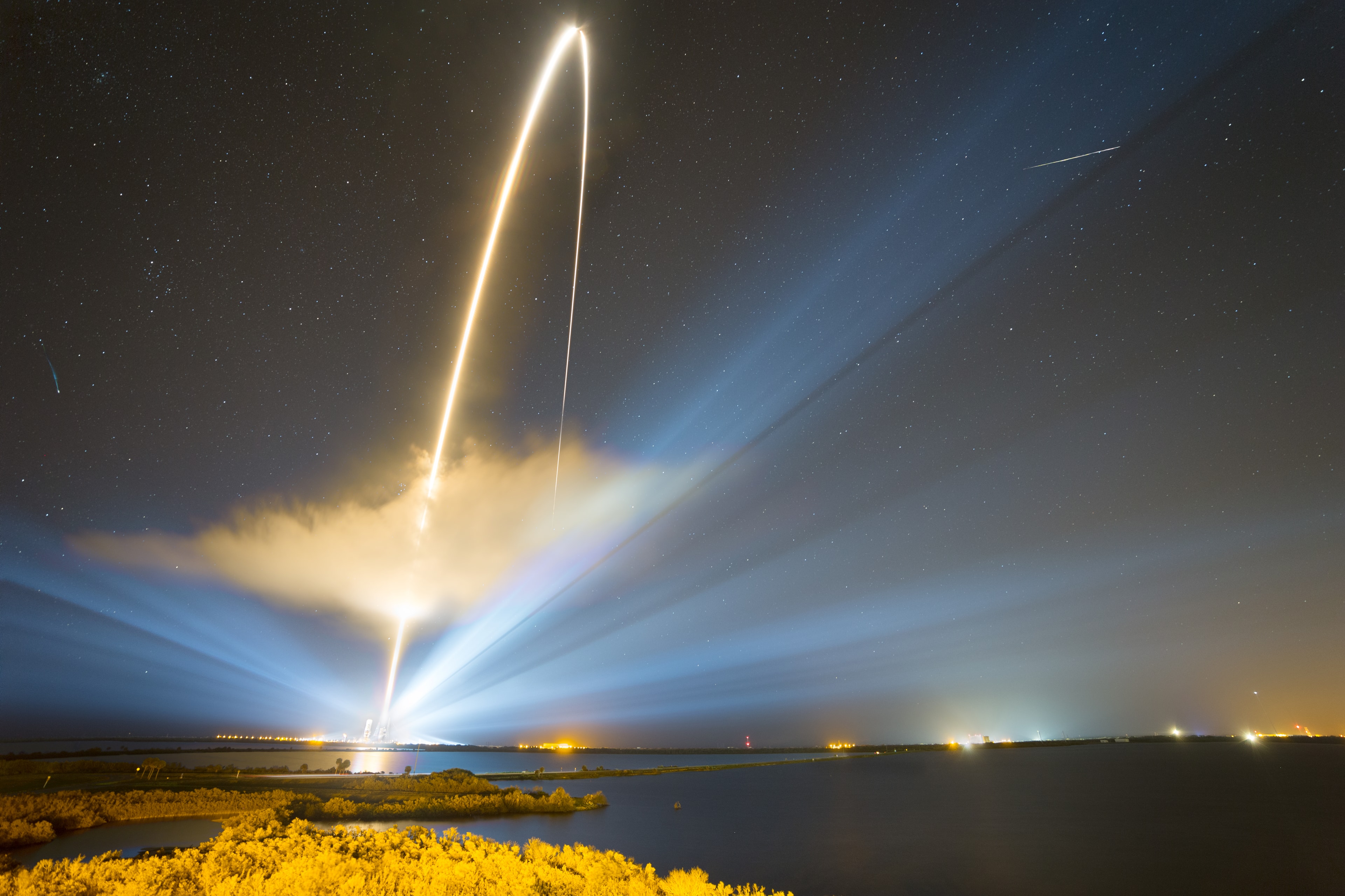 The brief flash of a bright Perseid meteor streaks across the upper right in this composited series of exposures made early Sunday morning near the peak of the annual Perseid meteor shower. Set up about two miles from Space Launch Complex 37 at Cape Canaveral Air Force Station, the photographer also captured the four minute long trail of a Delta IV Heavy rocket carrying the Parker Solar Probe into the dark morning sky. Perseid meteors aren't slow. The grains of dust from periodic comet Swift-Tuttle vaporize as they plow through Earth's upper atmosphere at about 60 kilometers per second (133,000 mph). On its way to seven gravity-assist flybys of Venus over its seven year mission, the Parker Solar Probe's closest approach to the Sun will steadily decrease, finally reaching a distance of 6.1 million kilometers (3.8 million miles). That's about 1/8 the distance between Mercury and the Sun, and within the solar corona, the Sun's tenuous outer atmosphere. By then it will be traveling roughly 190 kilometers per second (430,000 mph) with respect to the Sun, a record for fastest spacecraft from planet Earth.   Gallery: Perseid meteor shower 2018