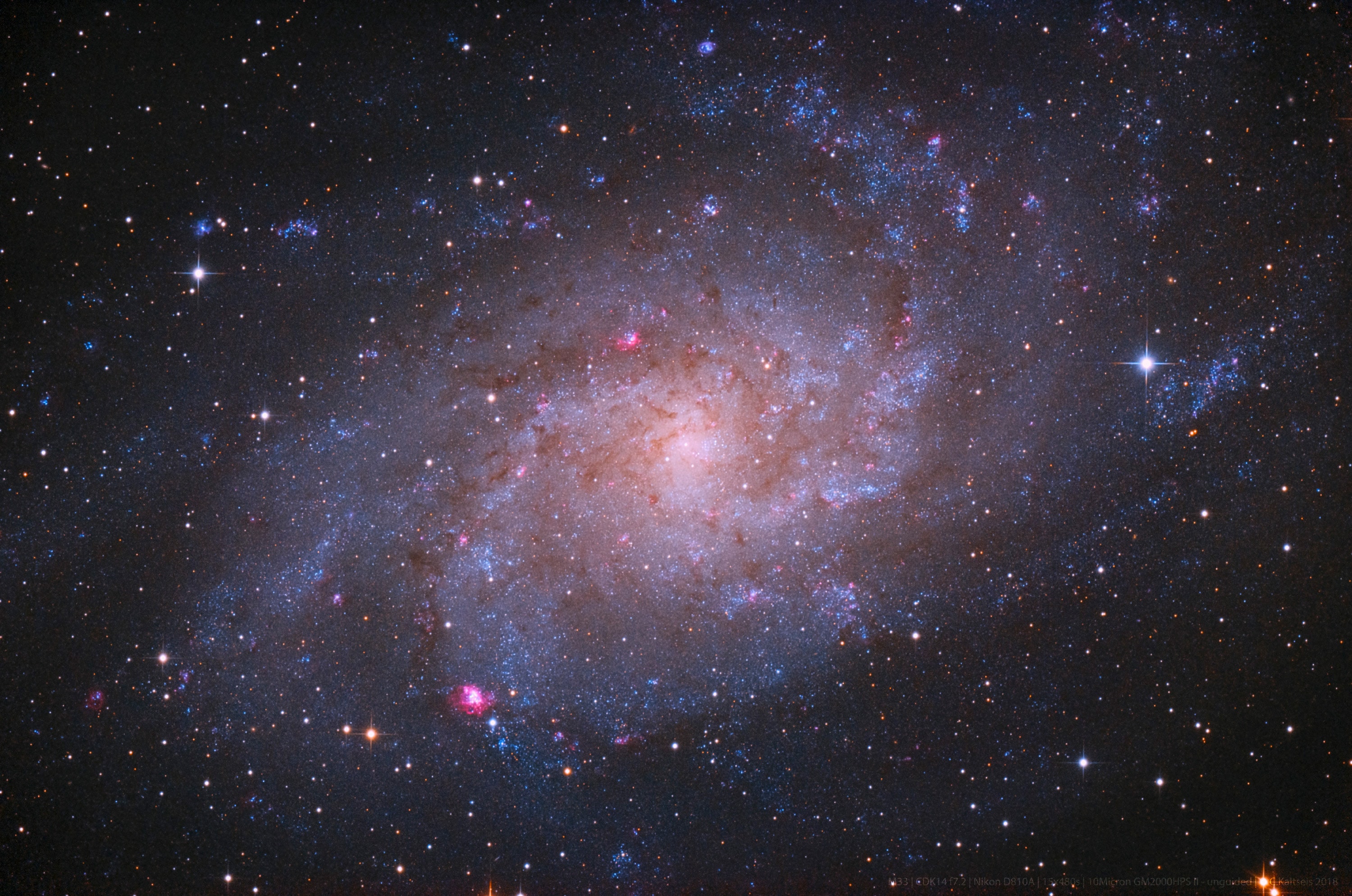 The small, northern constellation Triangulum harbors this magnificent face-on spiral galaxy, M33. Its popular names include the Pinwheel Galaxy or just the Triangulum Galaxy. M33 is over 50,000 light-years in diameter, third largest in the Local Group of galaxies after the Andromeda Galaxy (M31), and our own Milky Way. About 3 million light-years from the Milky Way, M33 is itself thought to be a satellite of the Andromeda Galaxy and astronomers in these two galaxies would likely have spectacular views of each other's grand spiral star systems. As for the view from planet Earth, this sharp image shows off M33's blue star clusters and pinkish star forming regions along the galaxy's loosely wound spiral arms. In fact, the cavernous NGC 604 is the brightest star forming region, seen here at about the 7 o'clock position from the galaxy center. Like M31, M33's population of well-measured variable stars have helped make this nearby spiral a cosmic yardstick for establishing the distance scale of the Universe.