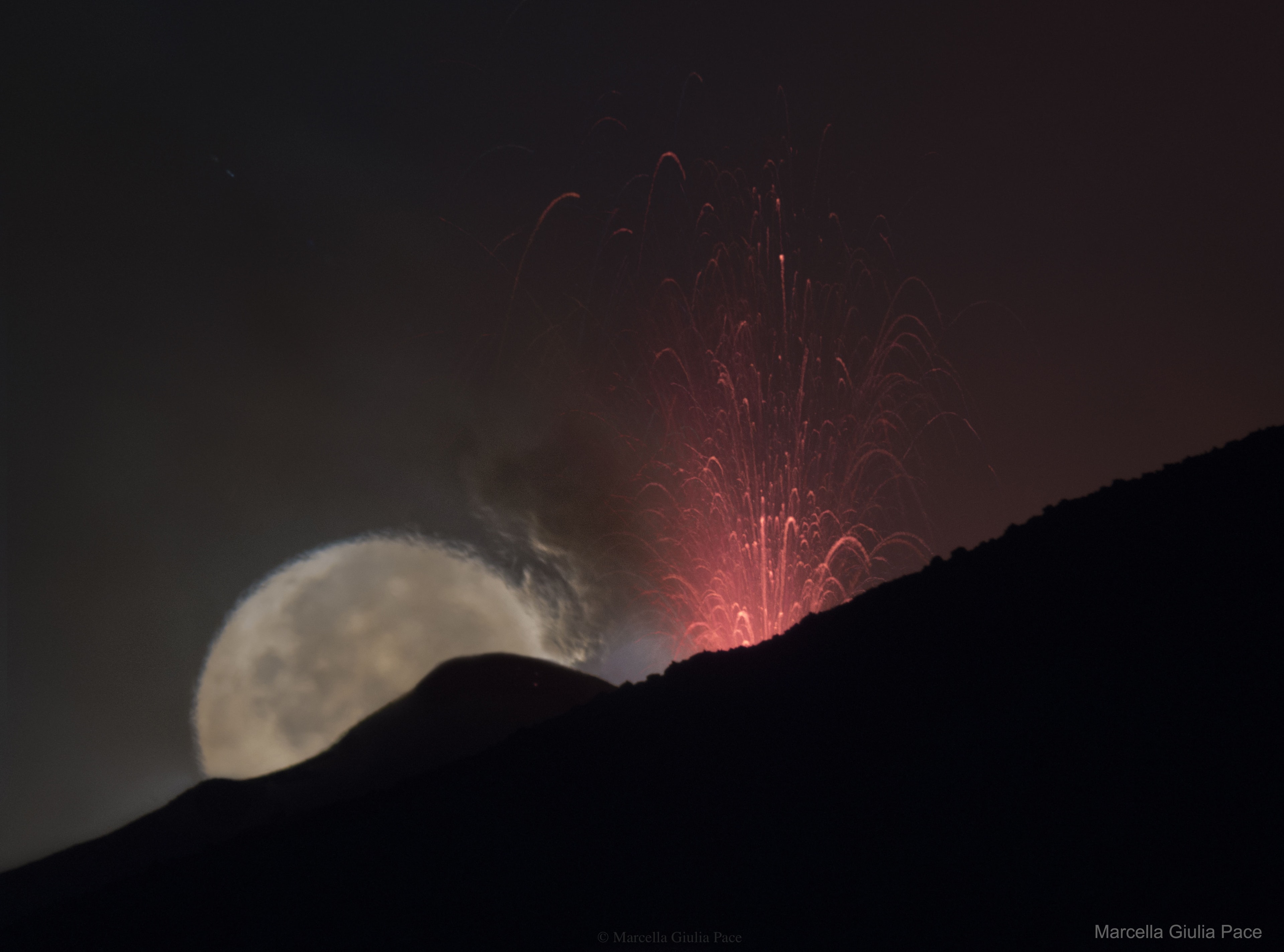 What's happened to the Moon? Nothing, but something has happened to the image of the Moon. The heat from a volcanic lava fountain in the foreground has warmed and made turbulent the air nearby, causing passing light to refract differently than usual. The result is a lava plume that appears to be melting the Moon. The featured picture was taken as the full Sturgeon Moon was setting behind Mt. Etna as it erupted in Italy about one week ago. The picture is actually a composite of two images, one taken right after the other, with the same camera and lens.  The first image was a quick exposure to capture details of the setting Moon, while the second exposure, taken after the Moon set a few minutes later, was longer so as to capture details of the faint lava jets. From our Earth, we can only see the Sun, Moon, planets, and stars as they appear through the distortion of the Earth's atmosphere.  This distortion can not only change the images of familiar orbs into unusual shapes, it can --unexpectedly at times -- delay sunset and moonset by several minutes.    APOD in other languages: Arabic, Catalan, Chinese, Croatian, Czech, Dutch, German, French, French, Hebrew, Indonesian, Japanese, Korean, Montenegrin, Polish, Russian, Serbian, Slovenian and Spanish