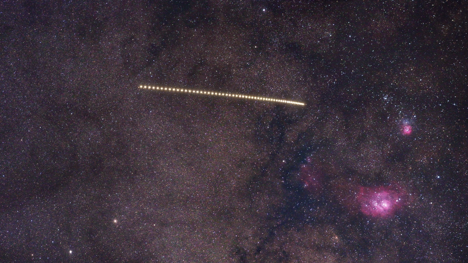 For 55 consecutive nights Mediterranean skies were at least partly clear this summer, from the 1st of July to the 24th of August 2018. An exposure from each night was incorporated in this composited telephoto and telescopic image to follow bright planet Saturn as it wandered through the generous evening skies. Through August, the outer planet's seasonal apparent retrograde motion slowed and drifted to the right, framed by a starry background. That brought it near the line-of-sight to the central Milky Way, and the beautiful Lagoon (M8) and Trifid (M20) nebulae. Of course Saturn's largest moon Titan was also along for the ride. Swinging around the gas giant in a 16 day long orbit, Titan's resulting wave-like motion is easier to spot when the almost-too-bright Saturn is digitally edited from the scene.