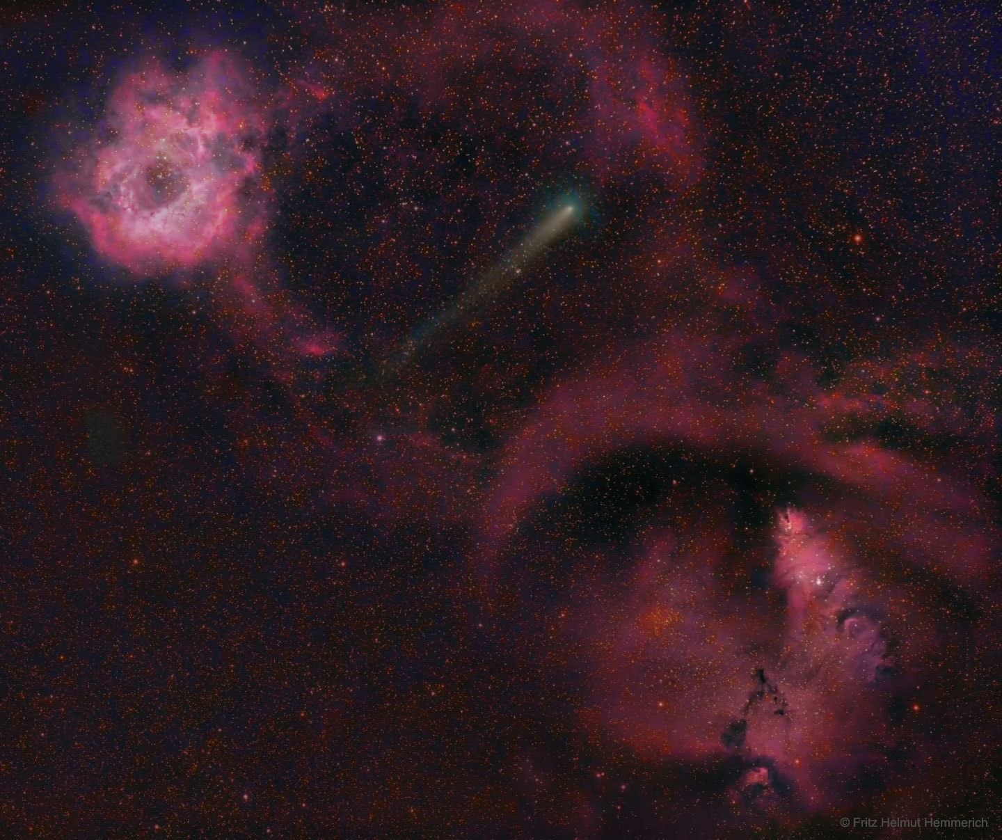 Small bits of this greenish-gray comet are expected to streak across Earth's atmosphere tonight. Specifically, debris from the eroding nucleus of Comet 21P / Giacobini-Zinner, pictured, causes the annual Draconids meteor shower, which peaks this evening.  Draconid meteors are easy to enjoy this year because meteor rates will likely peak soon after sunset with the Moon's glare nearly absent.  Patience may be needed, though, as last month's passing of 21P near the Earth's orbit is  not expected to increase the Draconids' normal meteor rate this year of (only) a few meteors per hour.  Then again, meteor rates are notoriously hard to predict, and the Draconids were quite impressive in 1933, 1946, and 2011.  Featured, Comet 21P gracefully posed between the Rosette (upper left) and Cone (lower right) nebulas two weeks ago before heading back out to near the orbit of Jupiter, to return again in about six and a half years.