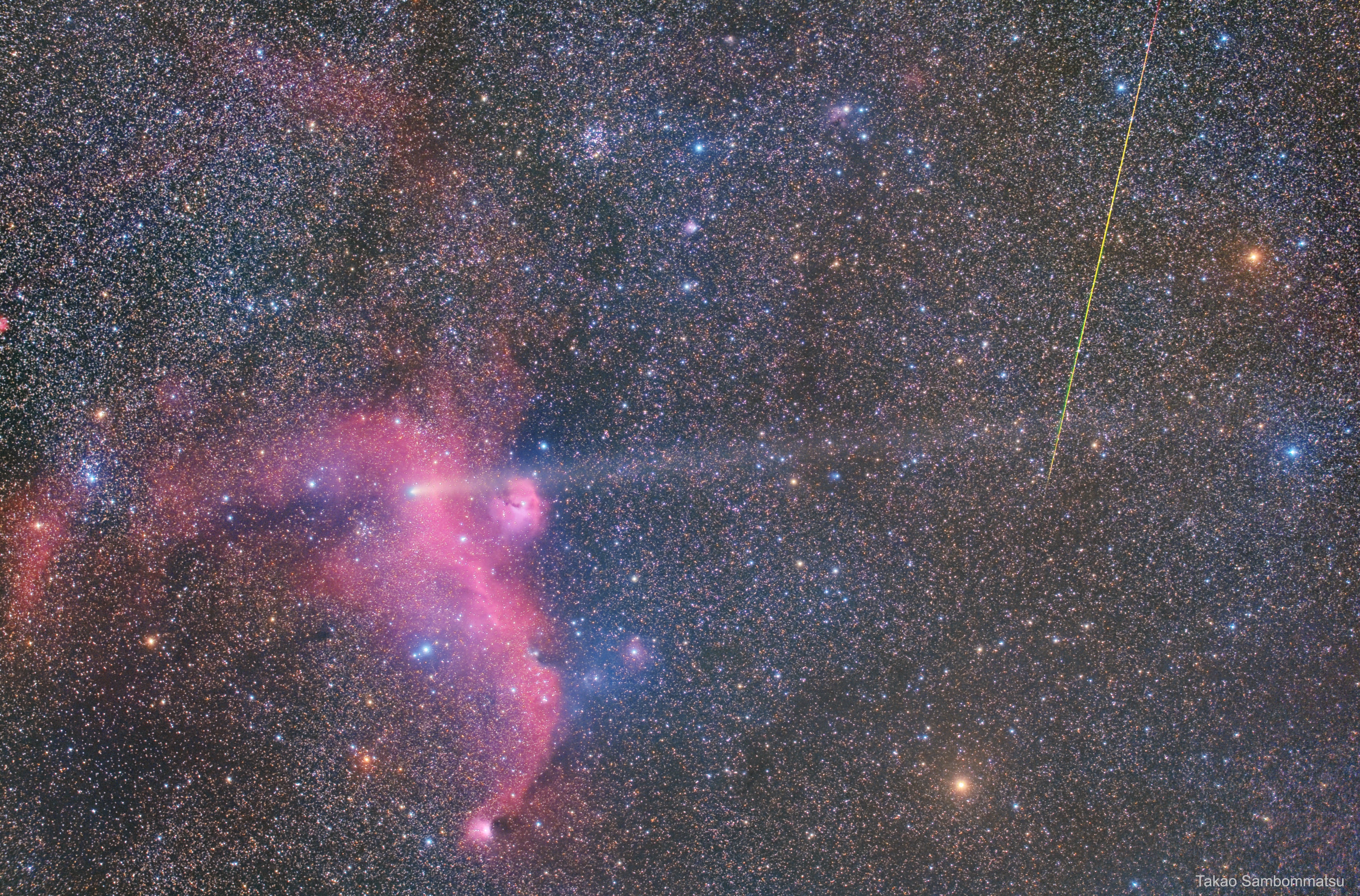 A meteor, a comet, and a photogenic nebula have all been captured in this single image.  The closest and most fleeting is the streaking meteor on the upper right -- it was visible for less than a second. The meteor, which disintegrated in Earth's atmosphere, was likely a small bit of debris from the nucleus of Comet 21P/Giacobini-Zinner, coincidentally the comet captured in the same image. Comet 21P, pictured across the inner Solar System from Earth, is distinctive for its long dust tail spread horizontally across the image center.  This comet has been visible with binoculars for the past few months but is now fading as it heads back out to the orbit of Jupiter.  Farthest out at 3,500 light years distant is the IC 2177, the Seagull Nebula, visible on the left.  The comparatively vast Seagull Nebula, with a wingspan on order 250 light-years, will likely remain visible for hundreds of thousands of years.  Long exposures, taken about two weeks ago from Iwaki-City in Japan, were combined to capture the image's faintest elements.  You, too, could see a meteor like this -- and perhaps sooner than you might think: tonight is the peak of the Orionids meteor shower.