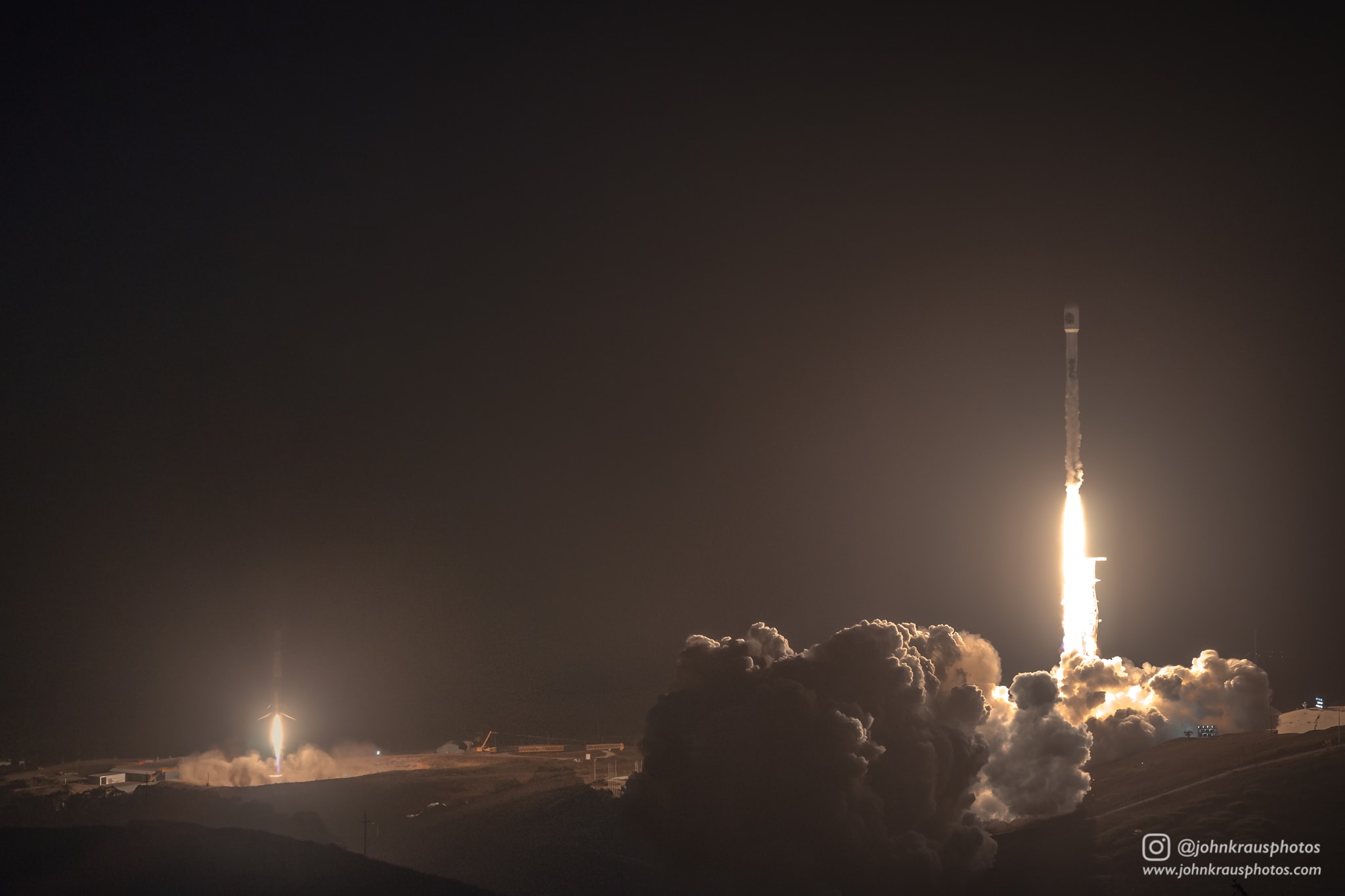 A SpaceX Falcon 9 rocket launch dazzled viewers along the U.S. west coast after sunset on October 7. Rising from Vandenberg Air Force Base, California, planet Earth, the Falcon 9's first stage then returned to a landing zone some 400 meters from the launch site less than 8 minutes after liftoff. Both launch and first stage landing (left) are captured in the frame of this two image stack, recorded by a stationary, sound-activated camera set up on a nearby hill. This Falcon 9 rocket delivered its payload, an Earth-observing satellite developed by Argentina's national space agency, to low Earth orbit. Of course, the Falcon 9 first stage had flown before. Following a launch from Vandenberg on July 25 it was recovered after landing on the autonomous drone ship Just Read the Instructions.