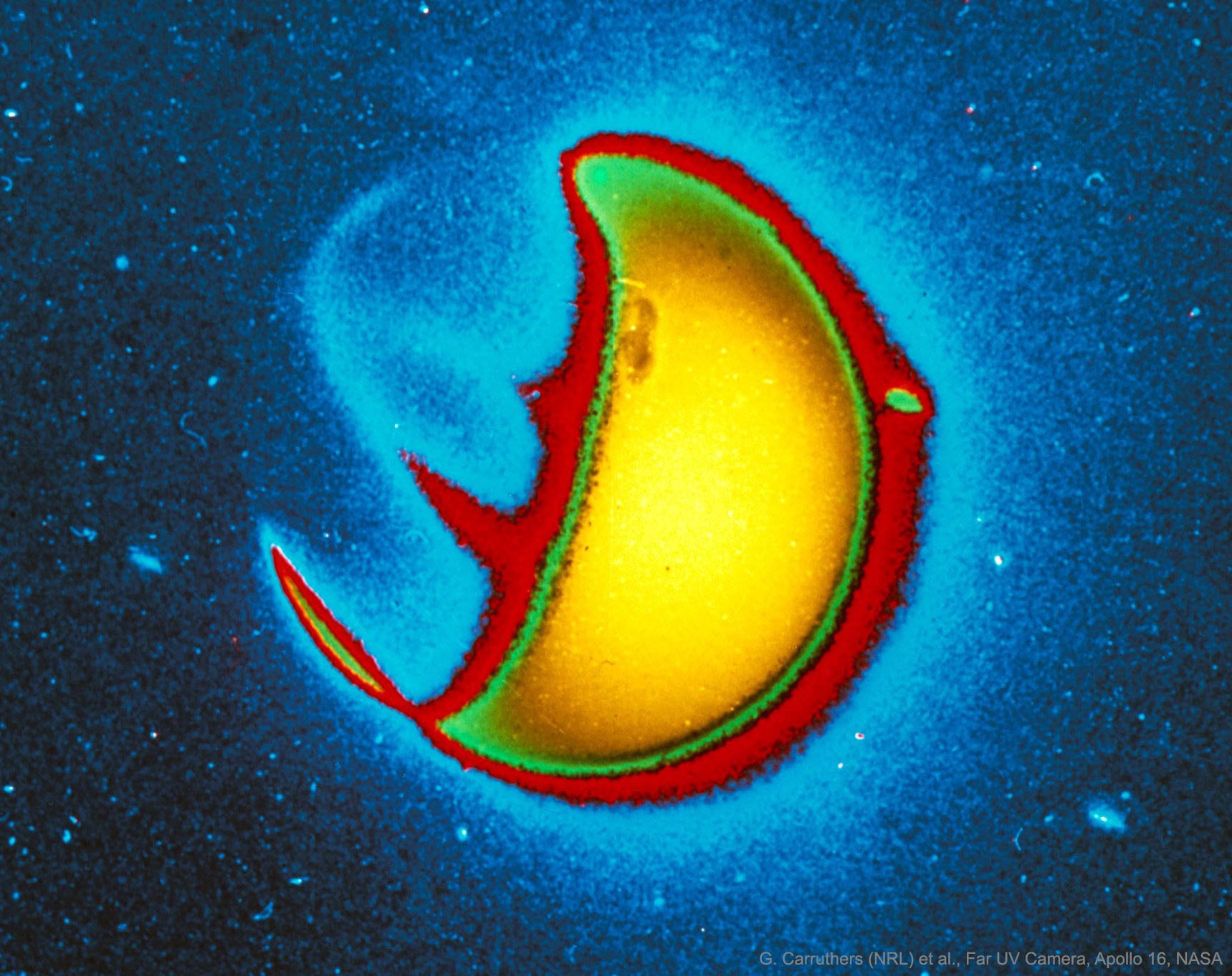 Which planet is this? Earth.  The featured false color picture shows how the Earth shines in ultraviolet (UV) light.  The image is historic because it was taken from the surface of the Moon by humanity's first lunar observatory.  (Another is operating now.)  Although very little UV light is transmitted through the Earth's atmosphere, what sunlight does make it through might cause a sunburn.  The part of the Earth facing the Sun reflects much UV light, but perhaps more interesting is the side facing away from the Sun.  Here bands of UV emission are the result of auroras and are caused by charged particles expelled by the Sun. Other planets showing auroras in the UV include Mars, Saturn, Jupiter, and Uranus.