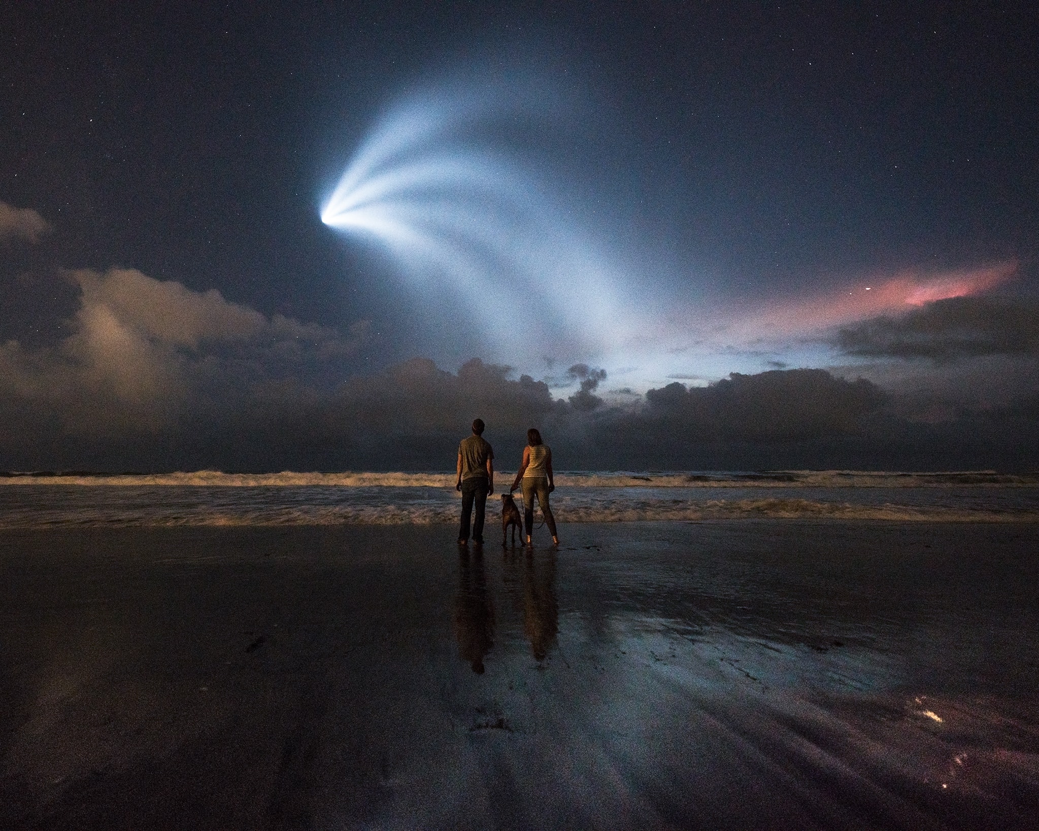 Kona, a young boxer, is a dog who loves splashing in the waves along Solana Beach near San Diego, planet Earth. But he paused here, at least briefly, during an early evening romp on October 7. Along with two people friends he gazes skyward in this snapshot, dazzled by the flight of a Falcon 9 rocket. Their seaside view is of the sunlit exhaust plumes from the rocket's first stage thrusters as it returns to Vandenberg Air Force base, its launch site over 250 miles to the north.