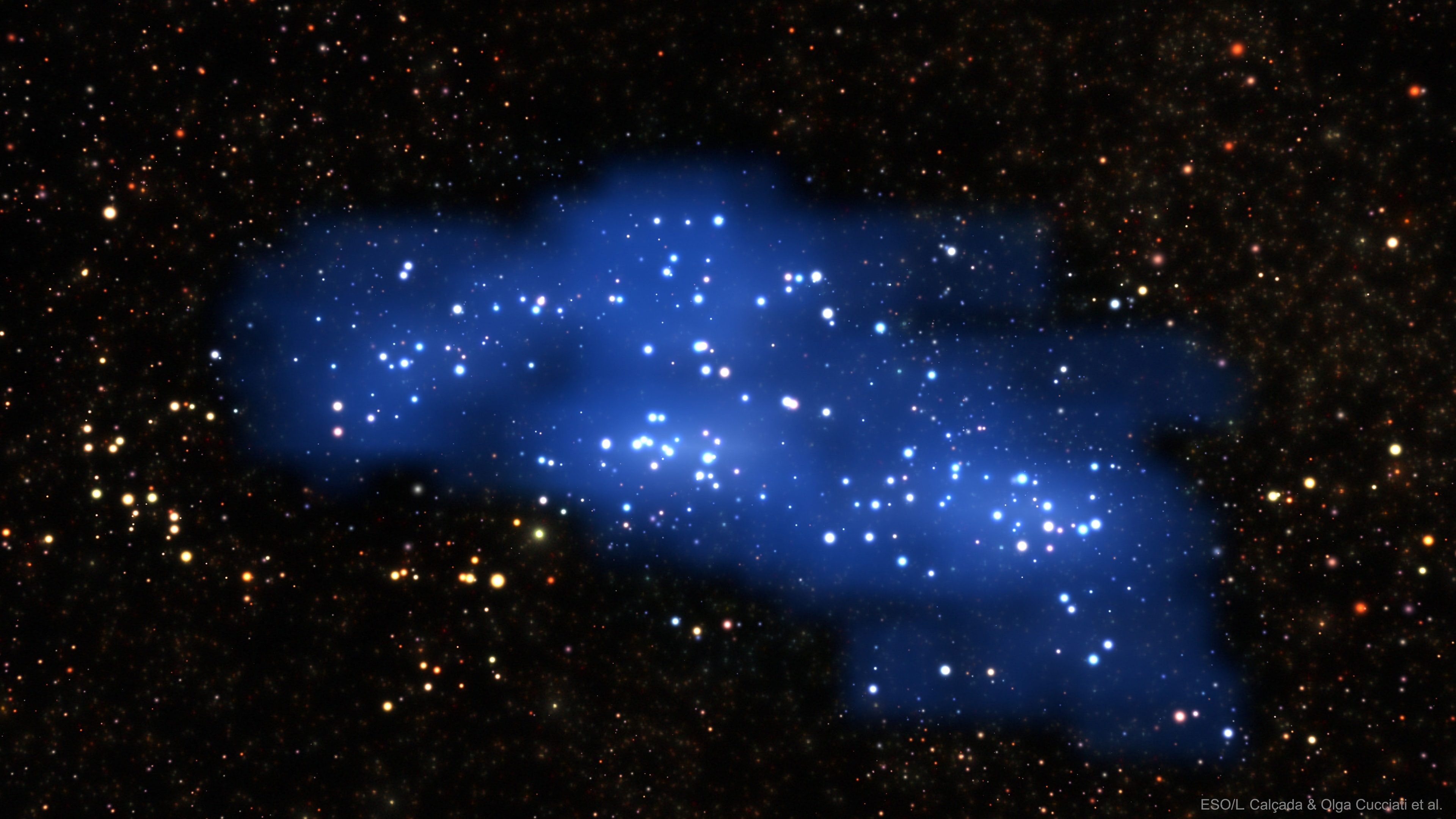 How did galaxies form in the early universe? To help find out, astronomers surveyed a patch of dark night sky with the Very Large Telescope array in Chile to find and count galaxies that formed when our universe was very young. Analysis of the distribution of some distant galaxies (redshifts near 2.5) found an enormous conglomeration of galaxies that spanned 300 million light years and contained about 5,000 times the mass of our Milky Way Galaxy.  Dubbed Hyperion, it is currently the largest and most massive proto-supercluster yet discovered in the early universe. A proto-supercluster is a group of young galaxies that is gravitationally collapsing to create a supercluster, which itself a group of several galaxy clusters, which itself is a group of hundreds of galaxies, which itself is a group of billions of stars. In the featured visualization, massive galaxies are depicted in white, while regions containing a large amount of smaller galaxies are shaded blue.  Identifying and understanding such large groups of early galaxies contributes to humanity's understanding of the composition and evolution of the universe as a whole.