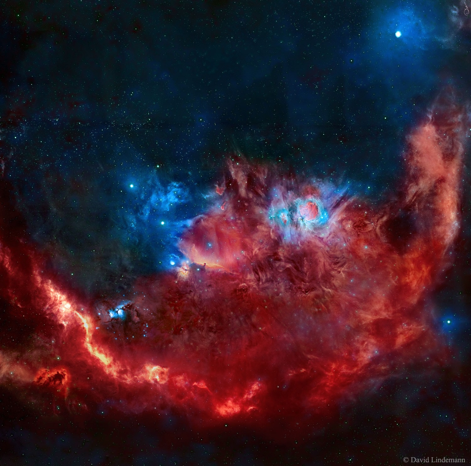 When did Orion become so flashy? This colorful rendition of part of the constellation of Orion comes from red light emitted by hydrogen and sulfur (SII), and blue-green light emitted by oxygen (OIII).  Hues on the featured image were then digitally reassigned to be indicative of their elemental origins -- but also striking to the human eye.  The breathtaking composite was painstakingly composed from hundreds of images which took nearly 200 hours to collect.  Pictured, Barnard's Loop, across the image bottom, appears to cradle interstellar constructs including the intricate Orion Nebula seen just right of center.  The Flame Nebula can also be quickly located, but it takes a careful eye to identify the slight indentation of the dark Horsehead Nebula. As to Orion's flashiness -- a leading explanation for the origin of Barnard's Loop is a supernova blast that occurred about two million years ago.   Share the Sky: NASA Open API for APOD