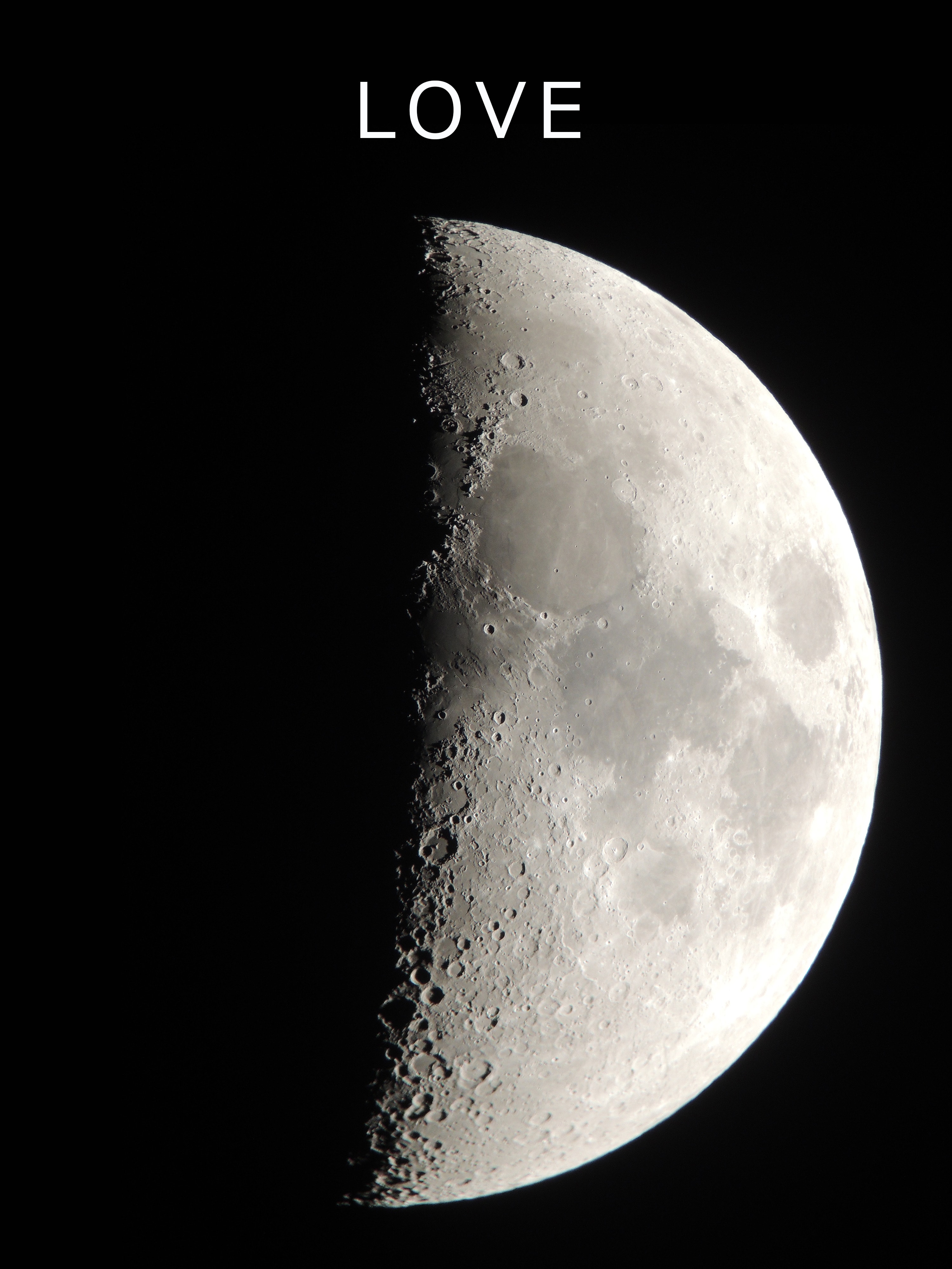 A more creative search by a group of amateur astronomers in the Ehime Prefecture of Shikoku Island, Japan has found lunar L-O-V-E. Their secret was an examination of this sharp image of the First Quarter Moon. To discover it for yourself you'll need to look closely at details of the shadow and light along the terminator, the line between lunar night and day. Created by the contrast of shadowed crater floors with sunlit walls and ridges, the letter V is not too hard to find near the center of the image. Letters L and E are a bit more challenging though, but can be teased out of shadow and light along the terminator at the bottom. Of course, on the cratered surface of the Moon the O is easy ... . Moonwatchers on planet Earth should understand that like the famous lunar X, also seen here, these lunar letters are transient and only appear along the terminator in the hours around the Moon's first quarter phase. So your next chance for lunar L-O-V-E is the first quarter Moon on November 15.