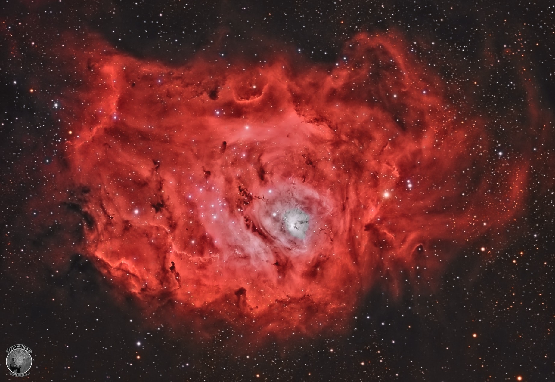 The majestic Lagoon Nebula is filled with hot gas and the home for many young stars. Spanning 100 light years across while lying only about 5000 light years distant, the Lagoon Nebula is so big and bright that it can be seen without a telescope toward the constellation of the Archer (Sagittarius).  Many bright stars are visible from NGC 6530, an open cluster that formed in the nebula only several million years ago. The greater nebula, also known as M8 and NGC 6523, is named "Lagoon" for the band of dust seen to the left of the open cluster's center. The featured image was taken in three colors with details are brought out by light emitted by Hydrogen. Star formation continues in the Lagoon Nebula as witnessed by the many dark dust-laden globules that exist there.