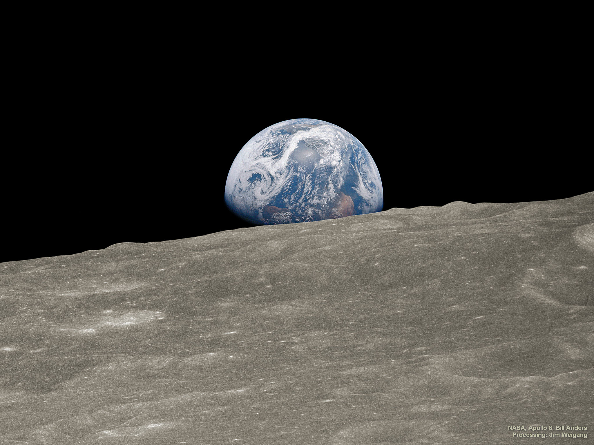 "Oh my God! Look at that picture over there! Here's the Earth coming up. Wow is that pretty!" Soon after that pronouncement, 50 years ago today, one of the most famous images ever taken was snapped from the orbit of the Moon. Now known as "Earthrise", the iconic image shows the Earth rising above the limb of the Moon, as taken by the crew of Apollo 8.  But the well-known Earthrise image was actually the  second image taken of the Earth rising above the lunar limb -- it was just the first in color.  With modern digital technology, however, the real first Earthrise image -- originally in black and white -- has now been remastered to have the combined resolution and color of the first three images.  Behold! The featured image is a close-up of the picture that Apollo 8 astronaut Bill Anders was talking about. Thanks to modern technology and human ingenuity, now we can all see it. (Historical note: A different historic black & white image of the Earth setting behind the lunar limb was taken by the robotic Lunar Orbiter 1 two years earlier.)
