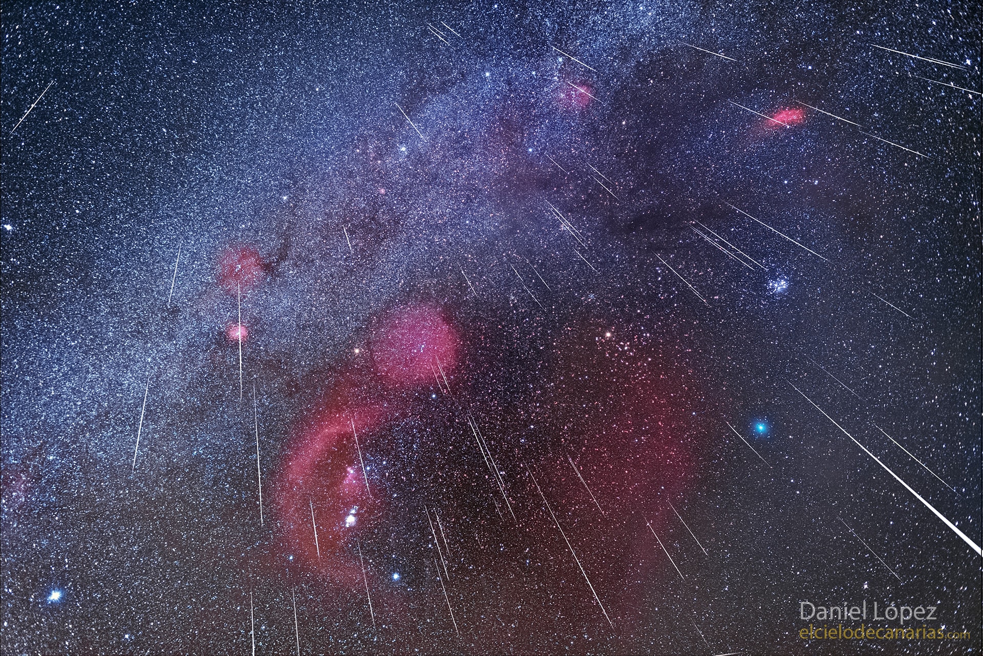 From a radiant in the constellation of the Twins, the annual Geminid meteor shower rained down on our fair planet this week. This beautiful skyscape collects about 70 of Gemini's lovely shooting stars in a digital composition made from multiple exposures. The exposures were taken over a six hour period near the shower's peak. The camera was tracking the dark predawn sky on December 14 from Teide National Park on the Canary Island Tenerife. Though Gemini lies off the top left of the frame, the Milky Way sweeps through the starry background. Sharing the sky below and left of center are recognizable stars and nebulosities of Orion. A yellowish Aldebaran and the Hyades are toward the right along with the Pleiades star cluster. Also a welcome visitor to this night sky, the faint green coma of Comet 46P Wirtanen, closest to Earth this weekend, lies below the Pleiades stars. Dust swept up from the orbit of active asteroid 3200 Phaethon, Gemini's meteors enter Earth's atmosphere traveling at about 35 kilometers per second.