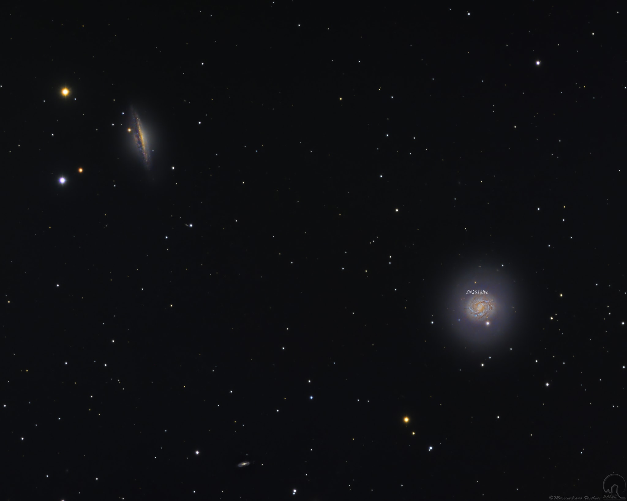 Large spiral galaxy NGC 1055 at top left joins spiral Messier 77 (bottom right) in this cosmic view toward the aquatic constellation Cetus. The narrowed, dusty appearance of edge-on spiral NGC 1055 contrasts nicely with the face-on view of M77's bright nucleus and spiral arms. Both over 100,000 light-years across, the pair are dominant members of a small galaxy group about 60 million light-years away. At that estimated distance, M77 is one of the most remote objects in Charles Messier's catalog, and is separated from fellow island universe NGC 1055 by at least 500,000 light-years. The field of view is about the size of the full Moon on the sky and includes colorful foreground Milky Way stars along with more distant background galaxies. Taken on November 28, the sharp image also includes newly discovered supernova SN2018ivc, its location indicated in the arms of M77. The light from the explosion of one of M77's massive stars was discovered by telescopes on planet Earth only a few days earlier on November 24.