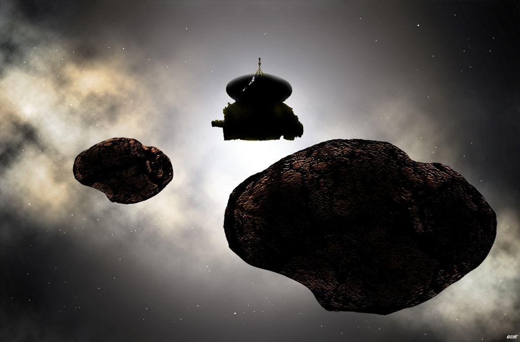 When we celebrate the start of 2019, on January 1 the New Horizons spacecraft will fly by Ultima Thule. A world of the Kuiper belt 6.5 billion kilometers from the Sun, the nickname Ultima Thule (catalog designation 2014 MU69) fittingly means "beyond the known world". Following its 2015 flyby of Pluto, New Horizons was targeted for this journey, attempting the most distant flyby for a spacecraft from Earth by approaching Ultima Thule to within about 3500 kilometers. The tiny world itself is about 30 kilometers in size. In 2017 and 2018, observing campaigns with Earth-based telescopes determined the shape of the object to be a contact binary or a close binary sytem as in this artist's illustration. New Horizons will image close up its unexplored surface in the dim light of the distant Sun.