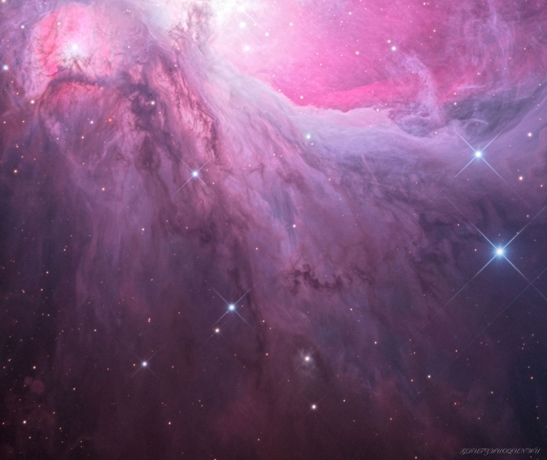 Is there a waterfall in Orion? No, but some of the dust in M43 appears similar to a waterfall on Earth.  M43, part of the Orion Molecular Cloud Complex, is the often imaged but rarely mentioned neighbor of the more famous M42. M42, which includes many bright stars from the Trapezium cluster, lies above the featured scene. M43 is itself a star forming region and although laced with filaments of dark dust, is composed mostly of glowing hydrogen. The entire Orion field, located about 1600 light years away, is inundated with many intricate and picturesque filaments of dust.  Opaque to visible light, dark dust is created in the outer atmosphere of massive cool stars and expelled by a strong outer wind of protons and electrons.   Free Download: 2019 APOD Calendar (v4 with light background)