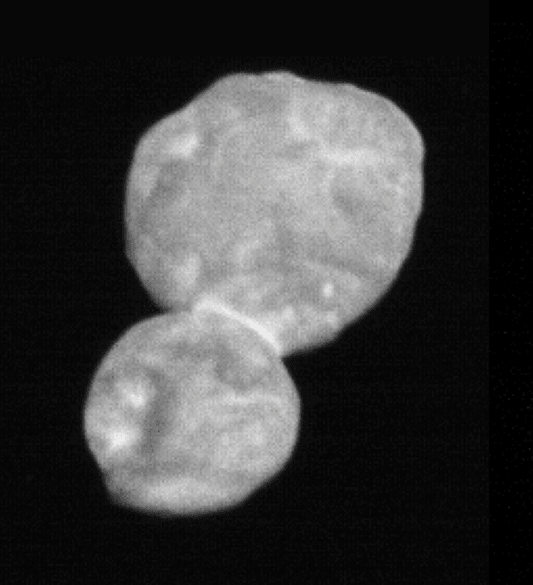On January 1 New Horizons encountered the Kuiper Belt object nicknamed Ultima Thule. Some 6.5 billion kilometers from the Sun, Ultima Thule is the most distant world ever explored by a spacecraft from Earth. This historic image, the highest resolution image released so far, was made at a range of about 28,000 kilometers only 30 minutes before the New Horizons closest approach. Likely the result of a gentle collision shortly after the birth of the Solar System, Ultima Thule is revealed to be a contact binary, two connected sphere-like shapes held in contact by mutual gravity. Dubbed separately by the science team Ultima and Thule, the larger lobe Ultima is about 19 kilometers in diameter. Smaller Thule is 14 kilometers across.  News: New Horizons science results briefing