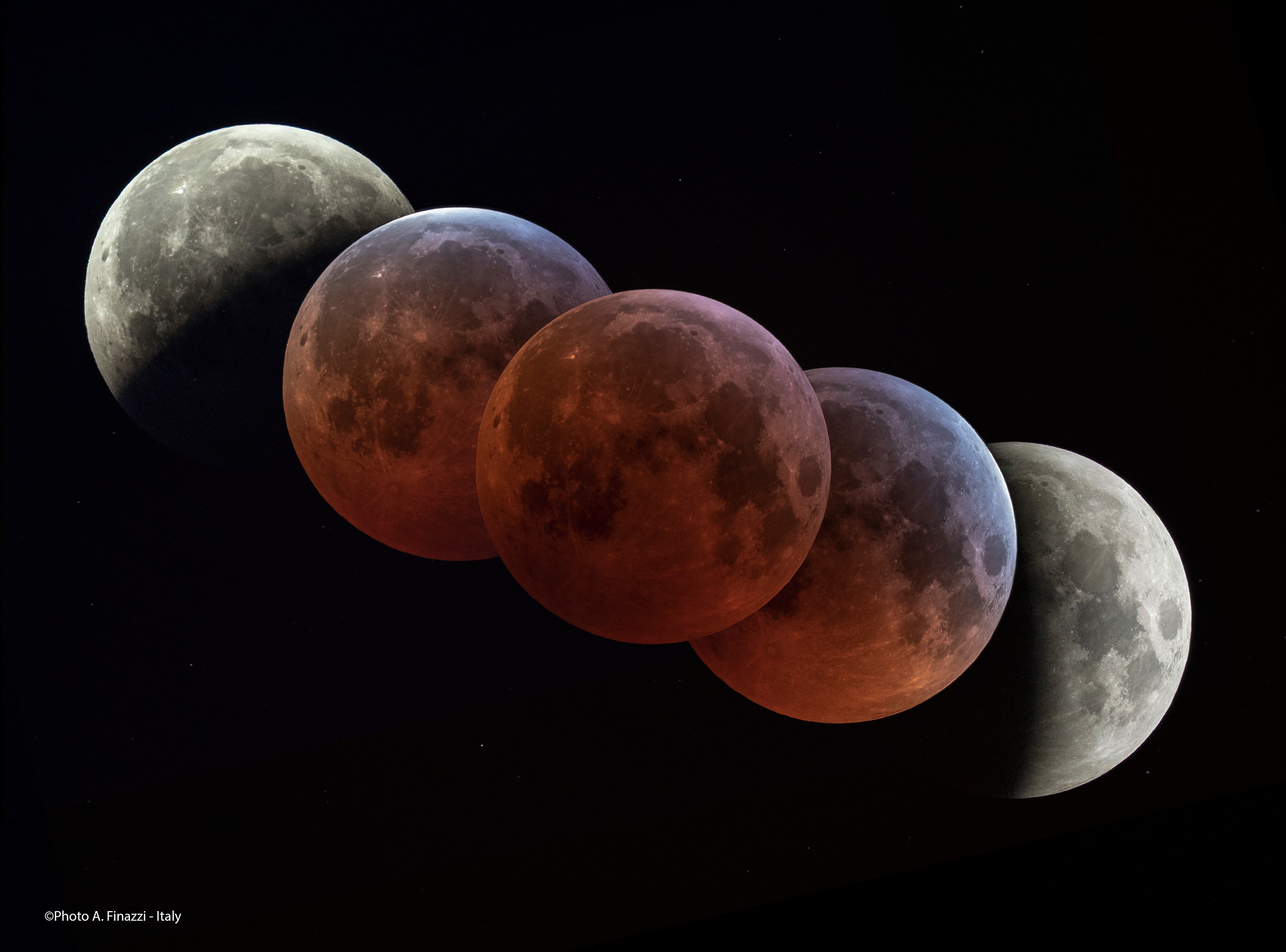 The dark, inner shadow of planet Earth is called the umbra. Shaped like a cone extending into space, it has a circular cross section most easily seen during a lunar eclipse. For example, on January 21 the Full Moon slid across the northern half of Earth's umbral shadow, entertaining moonwatchers around much of the planet. In the total phase of the eclipse, the Moon was completely within the umbra for 63 minutes. Recorded under clear, dark skies from the hills near Chiuduno, Italy this composite eclipse image uses successive pictures from totality (center) and partial phases to trace out a large part of the umbra's curved edge. Reflecting sunlight scattered by the atmosphere into Earth's shadow, the lunar surface appears reddened during totality. But close to the umbra's edge, the limb of the eclipsed Moon shows a distinct blue hue. The blue eclipsed moonlight originates as rays of sunlight pass through layers high in the upper stratosphere, colored by ozone that scatters red light and transmits blue.