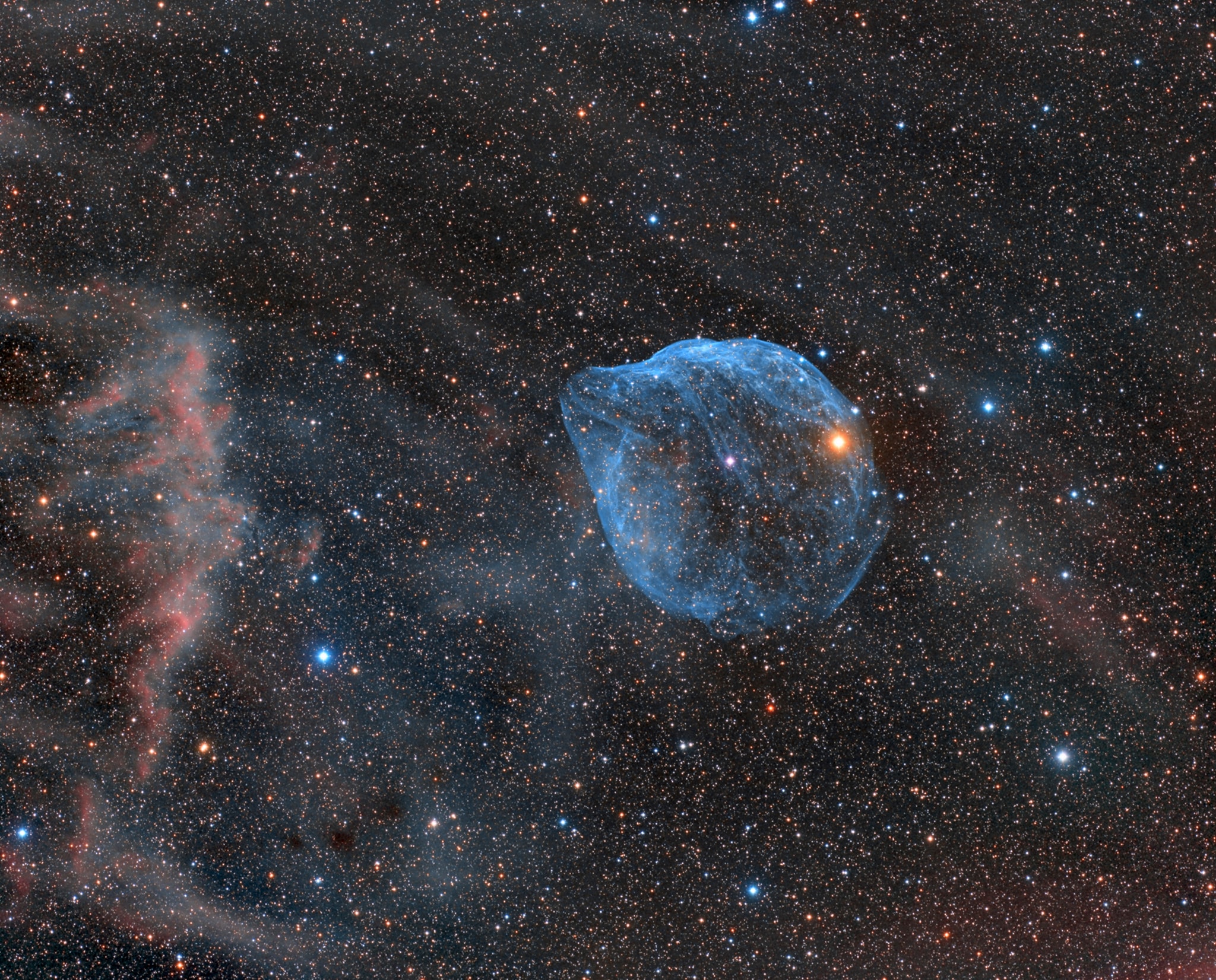 Blown by fast winds from a hot, massive star, this cosmic bubble is huge. Cataloged as Sharpless 2-308 it lies some 5,200 light-years away toward the constellation of the Big Dog (Canis Major) and covers slightly more of the sky than a Full Moon. That corresponds to a diameter of 60 light-years at its estimated distance. The massive star that created the bubble, a Wolf-Rayet star, is the bright one near the center of the nebula. Wolf-Rayet stars have over 20 times the mass of the Sun and are thought to be in a brief, pre-supernova phase of massive star evolution. Fast winds from this Wolf-Rayet star create the bubble-shaped nebula as they sweep up slower moving material from an earlier phase of evolution. The windblown nebula has an age of about 70,000 years. Relatively faint emission captured in the expansive image is dominated by the glow of ionized oxygen atoms mapped to a blue hue. SH2-308 is also known as The Dolphin Nebula.