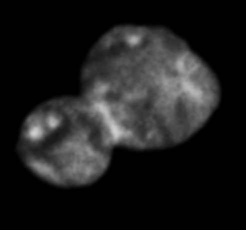 Ultima Thule is the most distant world explored by a spacecraft from Earth. In the dim light 6.5 billion kilometers from the Sun, the New Horizons spacecraft captured these two frames 38 minutes apart as it sped toward the Kuiper belt world on January 1 at 51,000 kilometers per hour. A contact binary, the two lobes of Ultima Thule rotate together once every 15 hours or so. Shown as a blinking gif, the rotation between the frames produces a tantalizing 3D perspective of the most primitive world ever seen. Dubbed separately by the science team Ultima and Thule, the larger lobe Ultima, is about 19 kilometers in diameter. Smaller Thule is 14 kilometers across.