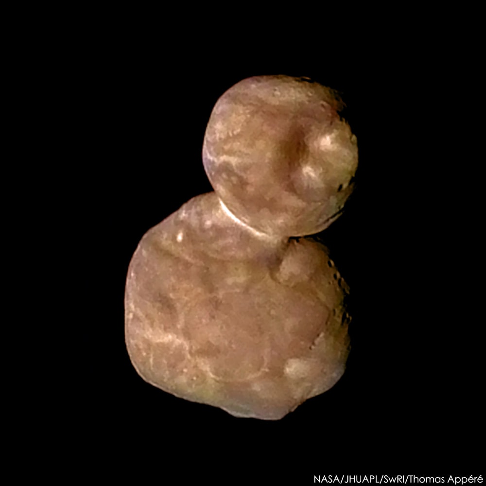 How do distant asteroids differ from those near the Sun?  To help find out, NASA sent the robotic New Horizons spacecraft past the classical Kuiper belt object 2014 MU69, nicknamed Ultima Thule, the farthest asteroid yet visited by a human spacecraft.  Zooming past the 30-km long space rock on January 1, the featured image is the highest resolution picture of Ultima Thule's surface beamed back so far. Ultima Thule does look different from imaged asteroids of the inner Solar System, as it shows unusual surface texture, relatively few obvious craters, and nearly spherical lobes. Its shape is hypothesized to have formed from the coalescence of early Solar System rubble in into two objects -- Ultima and Thule -- which then spiraled together and stuck.  Research will continue into understanding the origin of different surface regions on Ultima Thule, whether it has a thin atmosphere, how it obtained its red color, and what this new knowledge of the ancient Solar System tells us about the formation of our Earth.