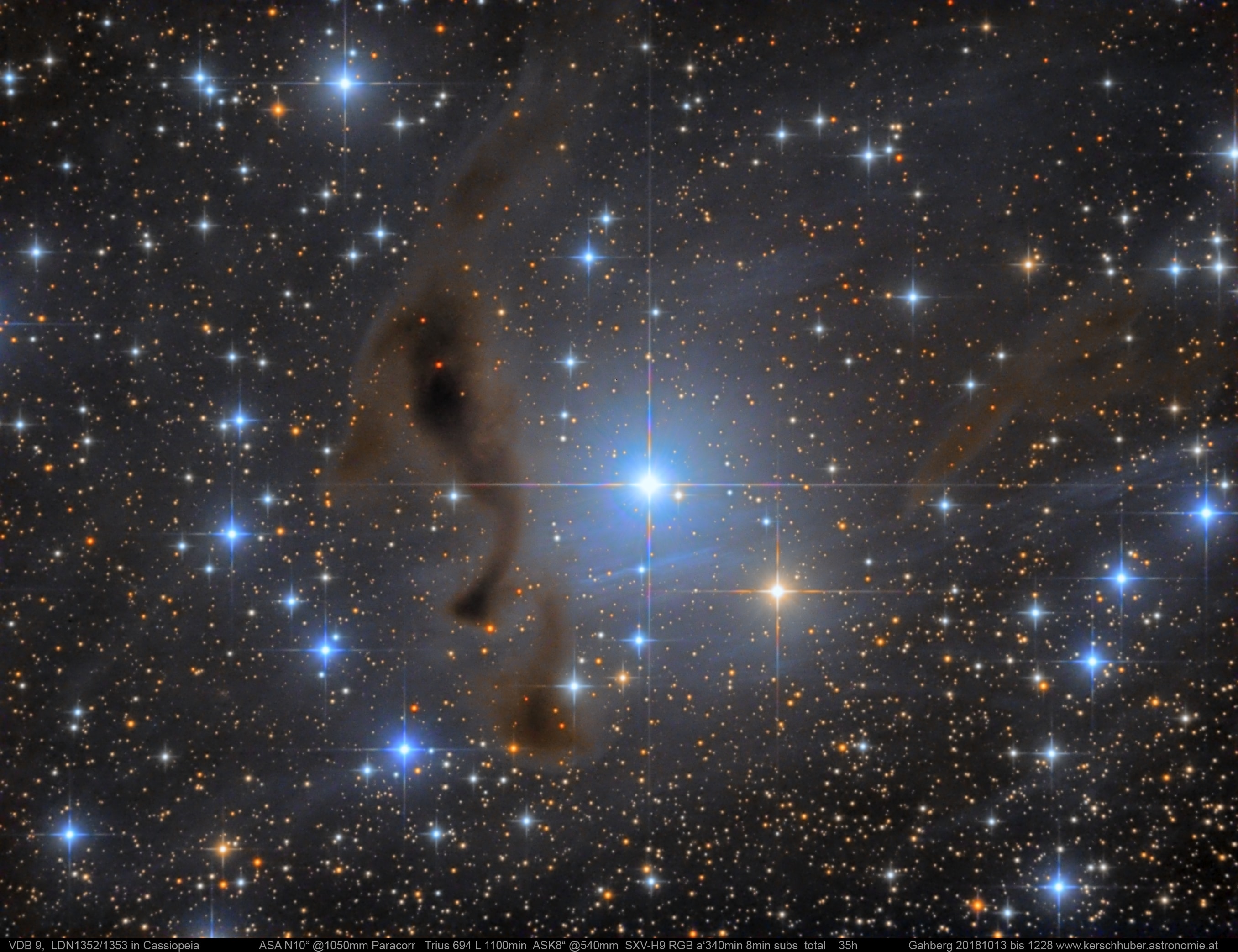 Centered in a well-composed celestial still life, pretty, blue vdB 9 is the 9th object in Sidney van den Bergh's 1966 catalog of reflection nebulae. It shares this telescopic field of view, about twice the size of a full moon on the sky, with stars and dark, obscuring dust clouds in the northerly constellation Cassiopeia. Cosmic dust is preferentially reflecting blue starlight from embedded, hot star SU Cassiopeiae, giving vdB 9 the characteristic bluish tint associated with a classical reflection nebula. SU Cas is a Cepheid variable star, though even at its brightest it is just too faint to be seen with the unaided eye. Still Cepheids play an important role in determining distances in our galaxy and beyond. At the star's well-known distance of 1,540 light-years, this cosmic canvas would be about 24 light-years across.